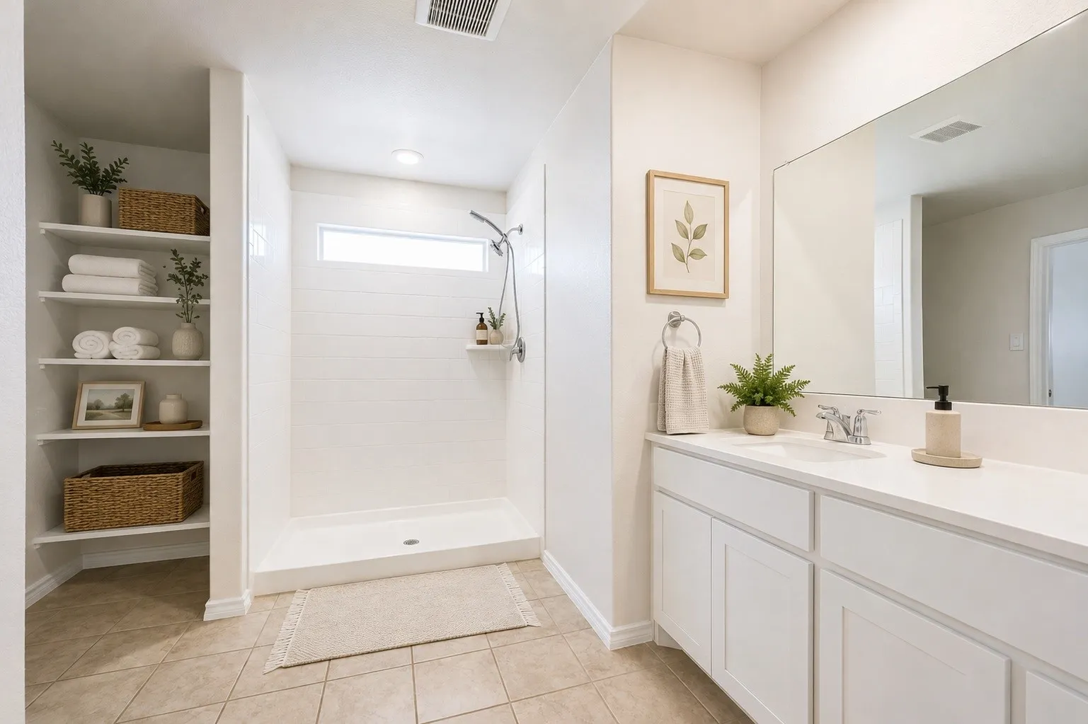 Walk-in shower with horizontal tile, built-in shelving, vanity with integrated sink, expansive vanity mirror, and neutral tile flooring