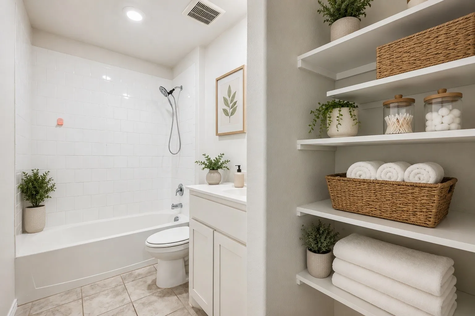 White subway tile bath surround, built-in shelving, recessed lighting, tile flooring, and a single vanity with storage