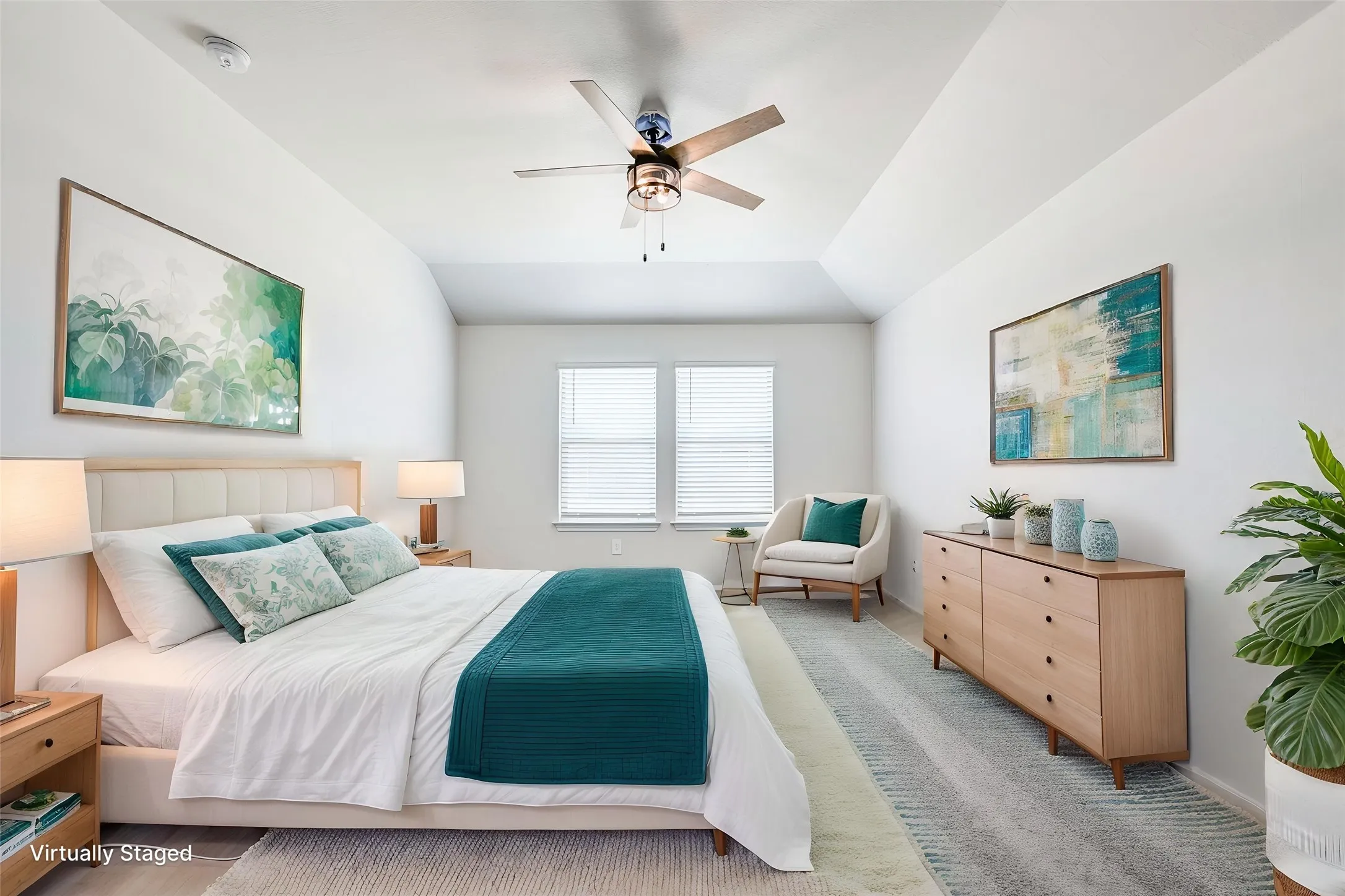 Vaulted ceiling with a ceiling fan, window with blinds, and light-toned flooring