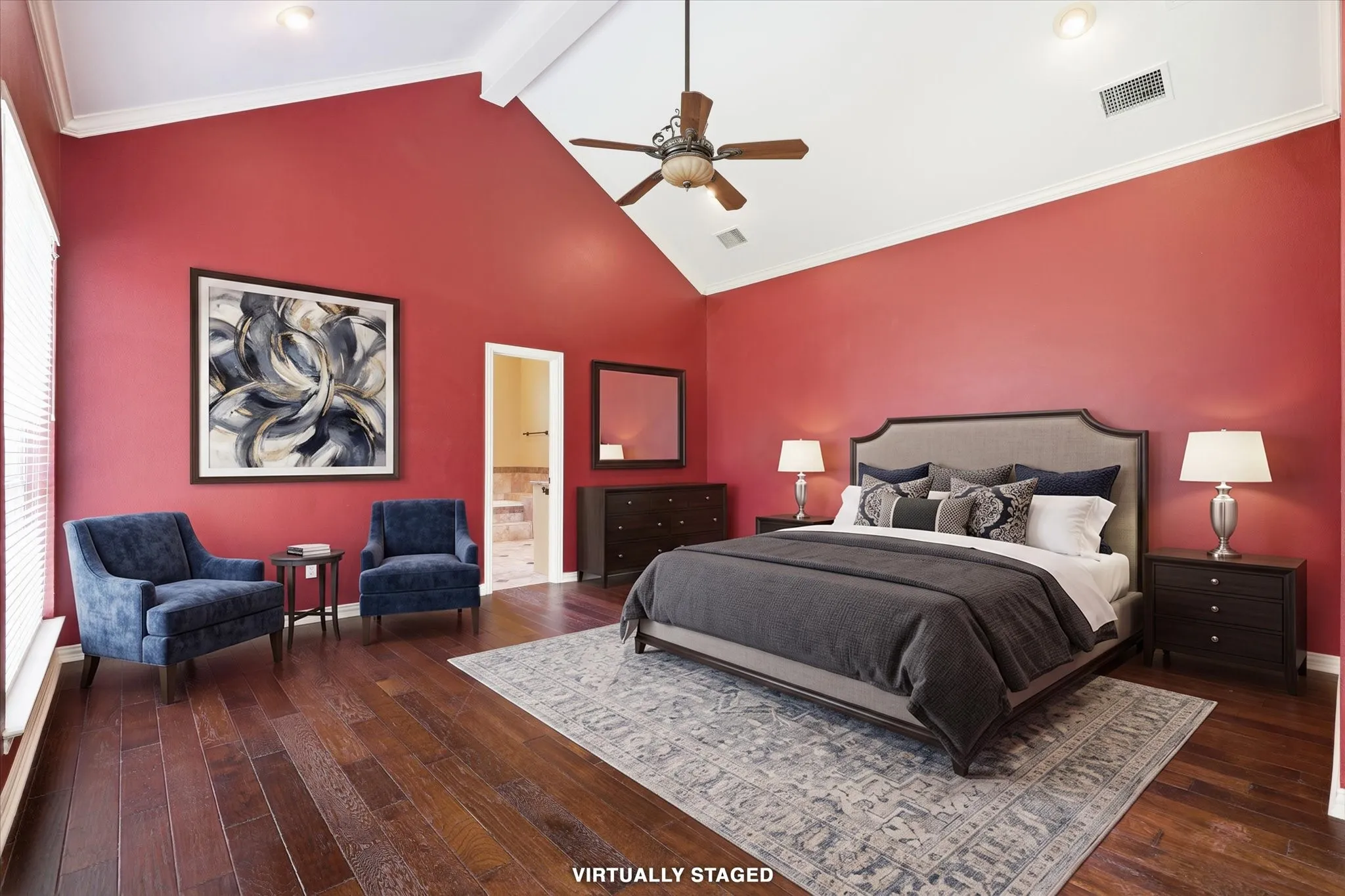 Virtually Staged. This rendering illustrates one way to furnish the spacious primary bedroom.