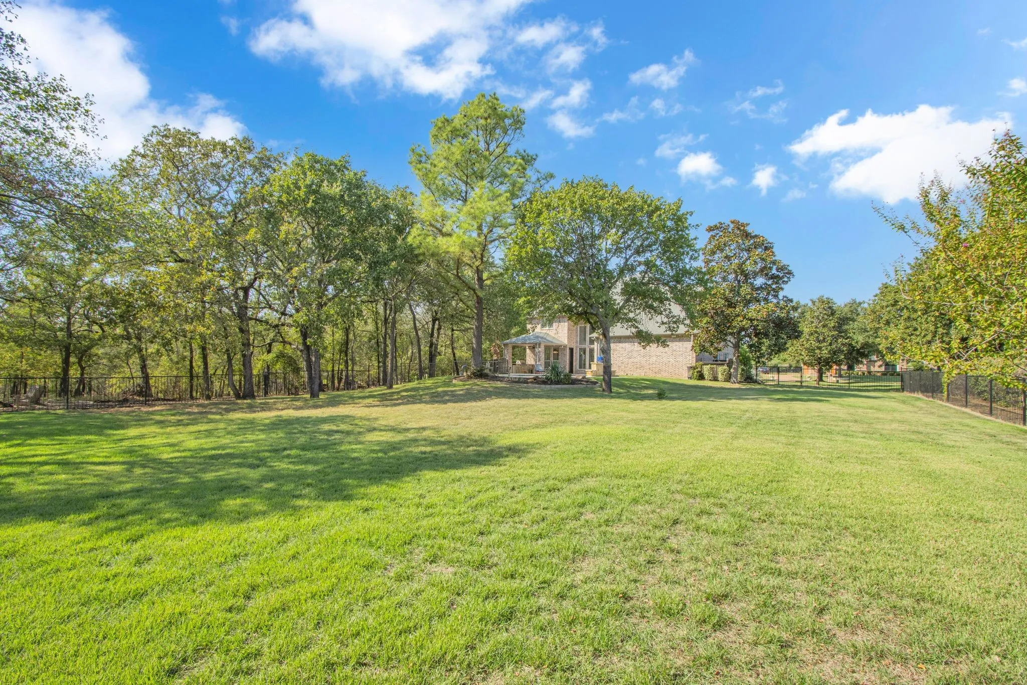 Expansive green lawn waiting for family fun.
