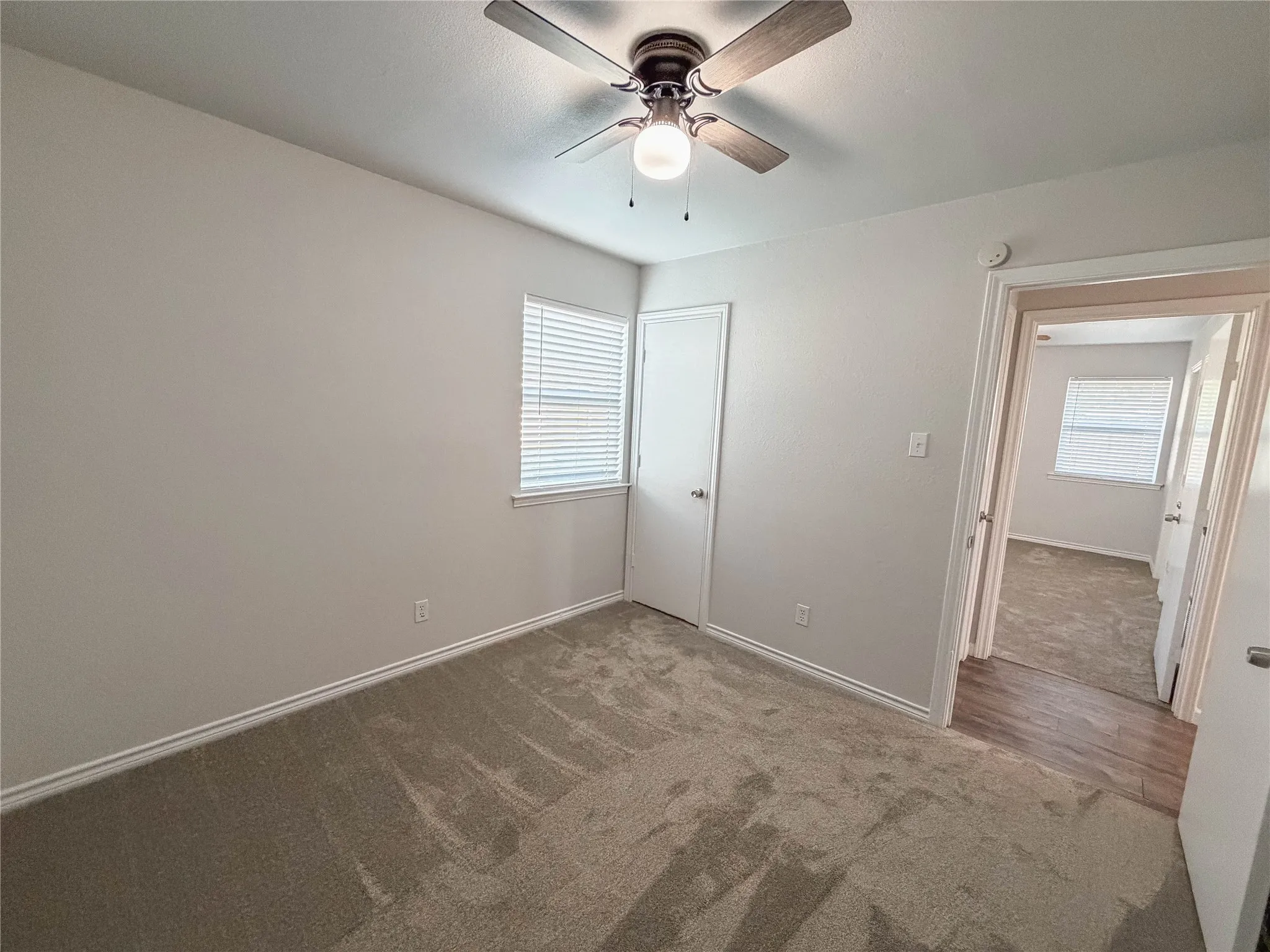 Carpeted room with a ceiling fan, a window with blinds, and white trim