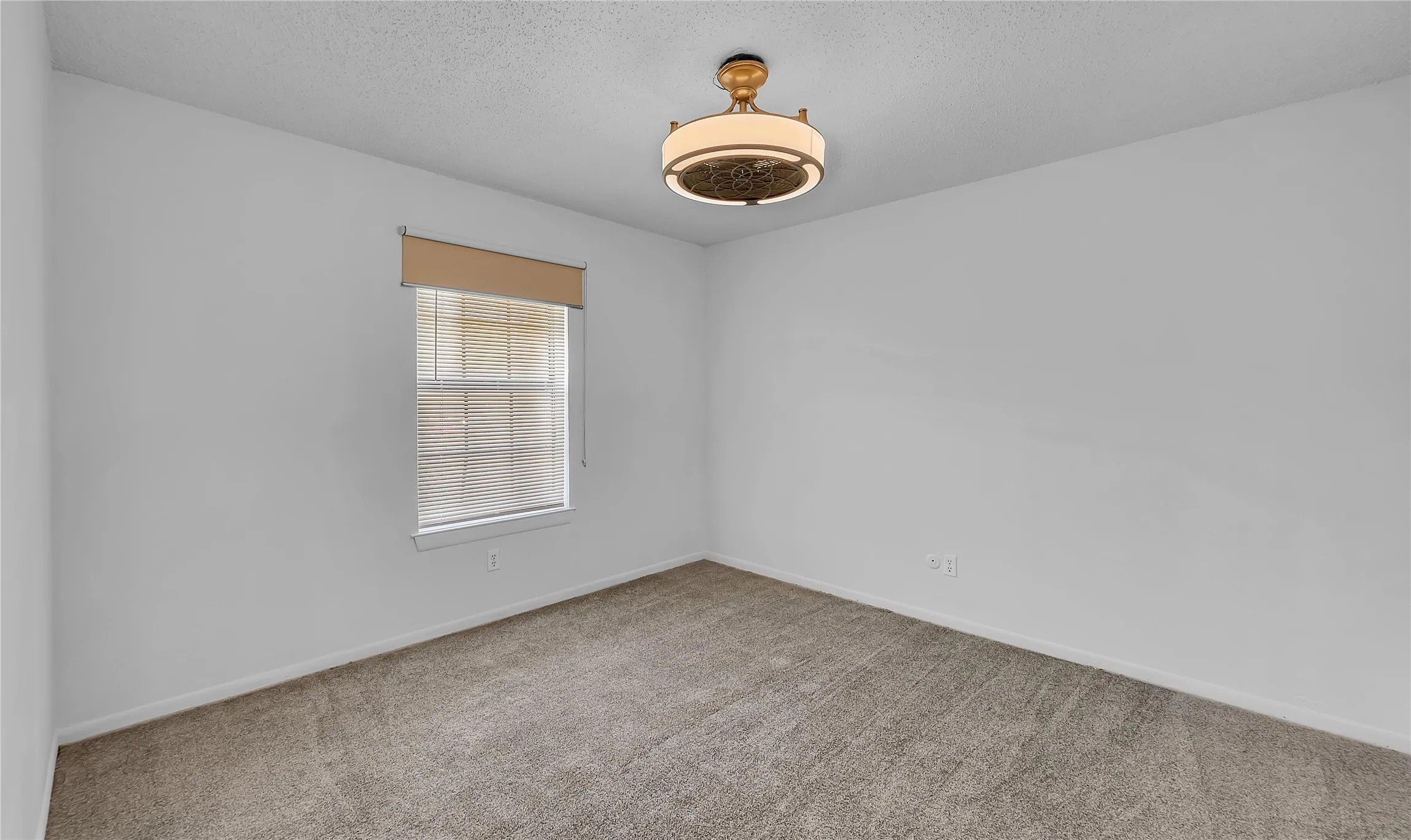 Neutral-toned wall-to-wall carpeting complements light-colored walls