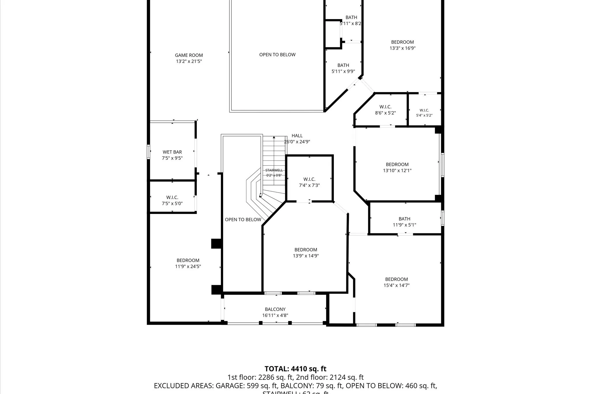 Upstairs Floor Plan features 4 bedrooms, 2 FULL bathrooms, Game Room, Wet Bar, and Media Room with Balcony.