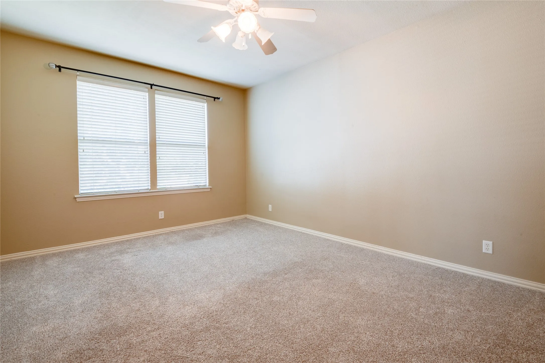 Bedroom with Neutral-toned walls, plush carpeting, and dual windows with blinds
