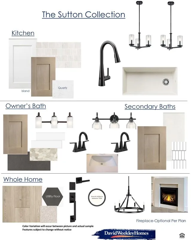 Design Specification Sheet, "The Sutton Collection" section. Detailing interior finish options for the property
