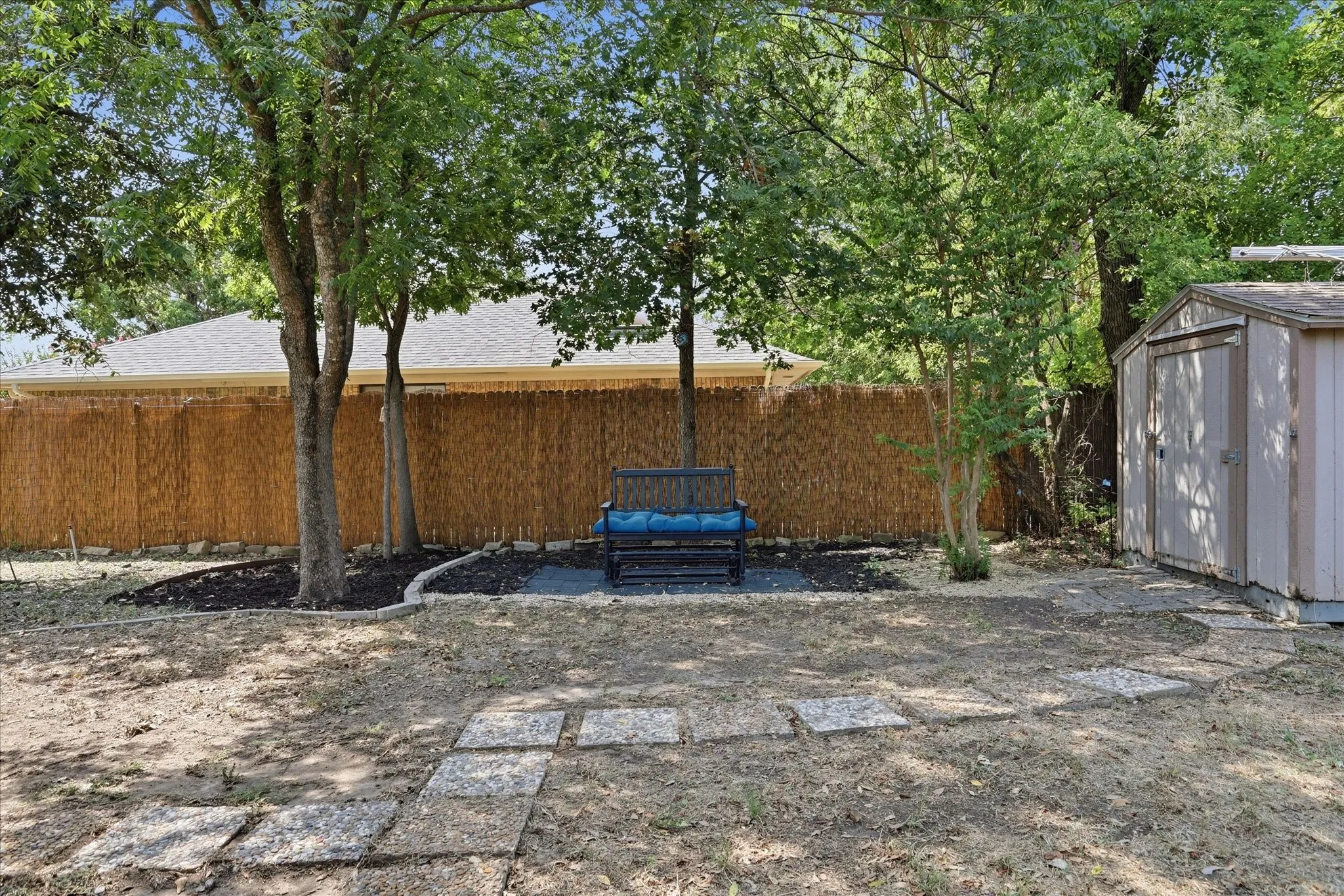 Storage shed and sitting area.