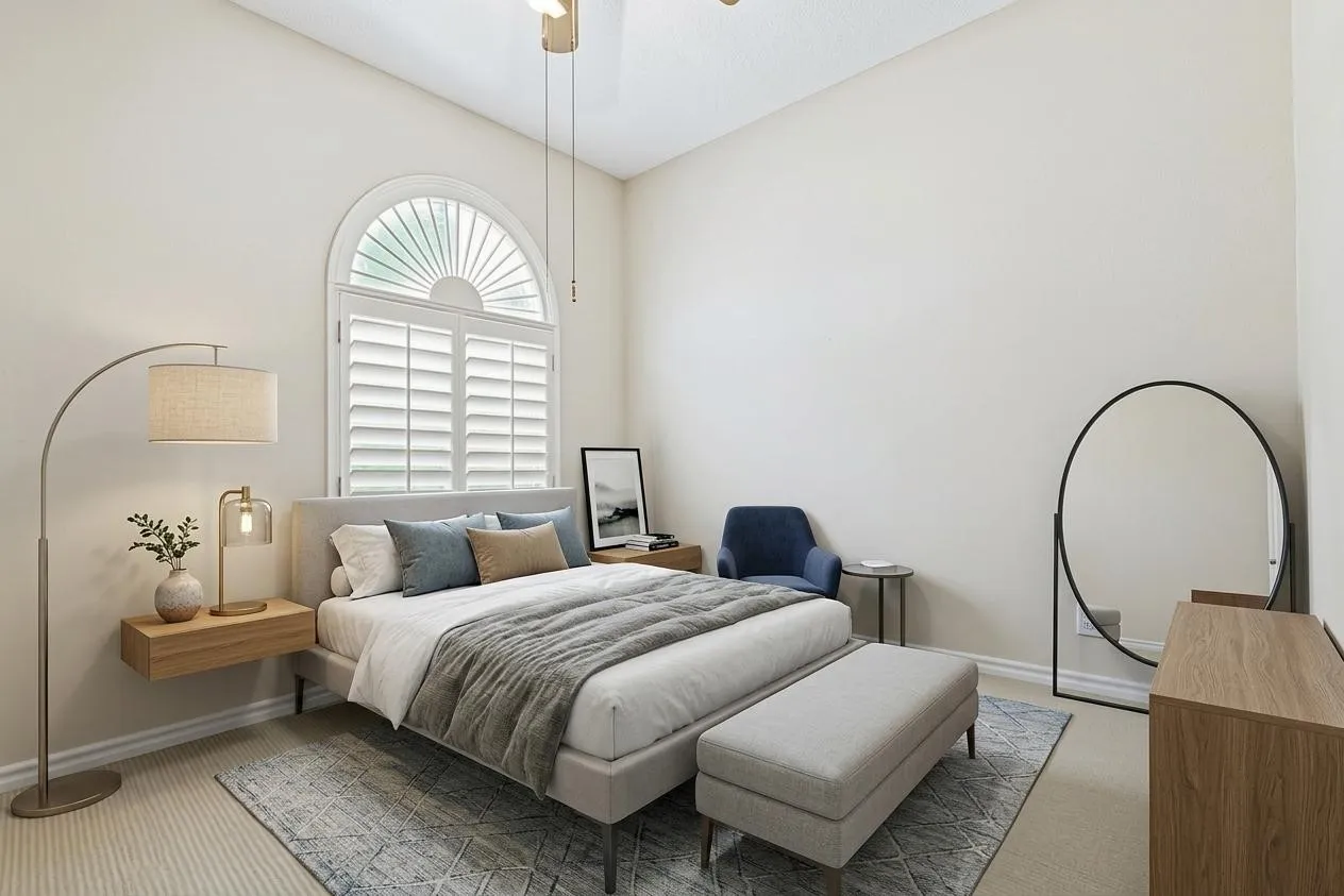 Arched window with plantation shutters, light wood-finish floating nightstand, vaulted ceiling, and ceiling fan