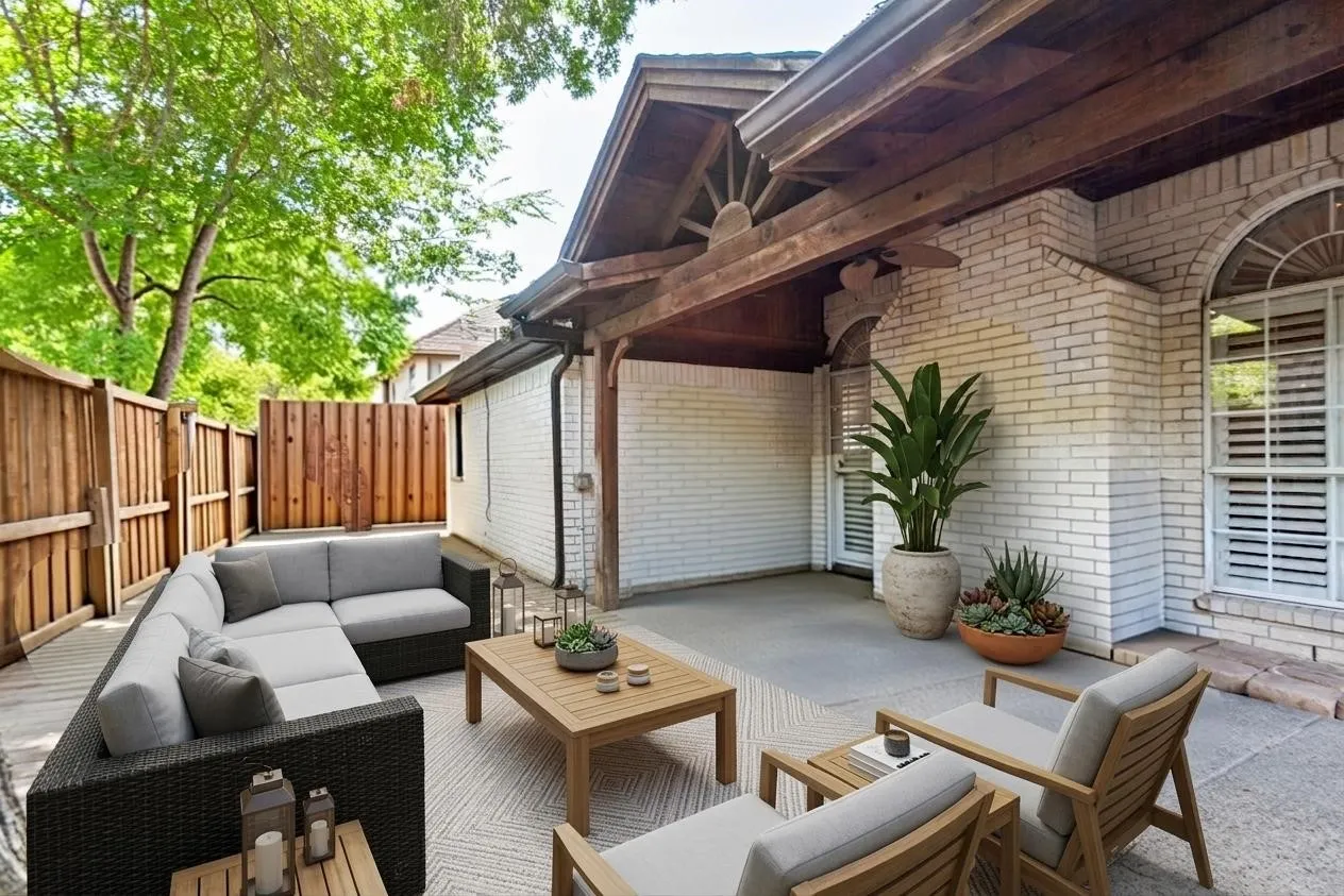 Private patio space featuring a wood fence, concrete flooring, white brick exterior, and a covered portico