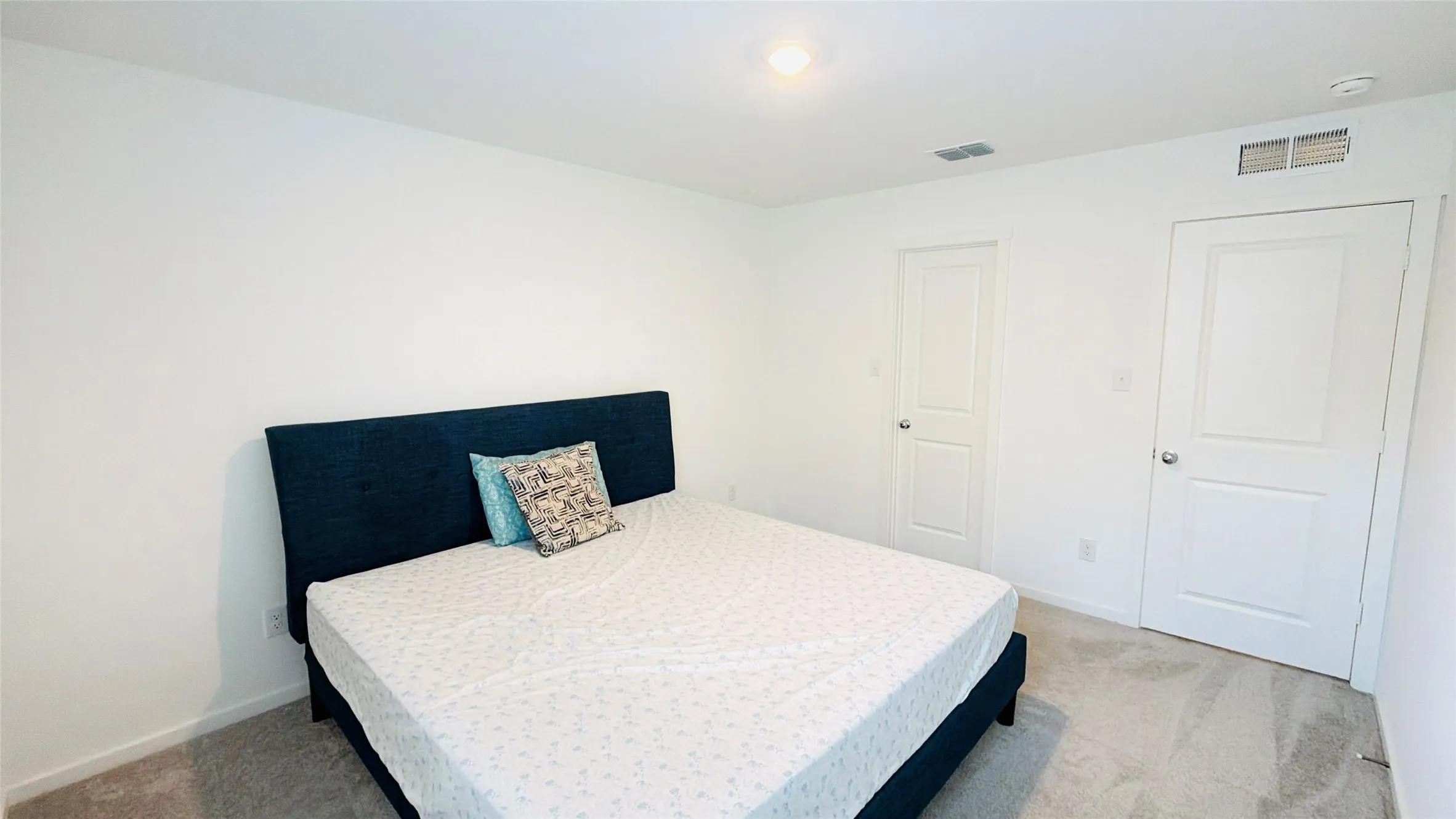 Neutral white walls, recessed ceiling lighting, light grey carpet, and two panel doors