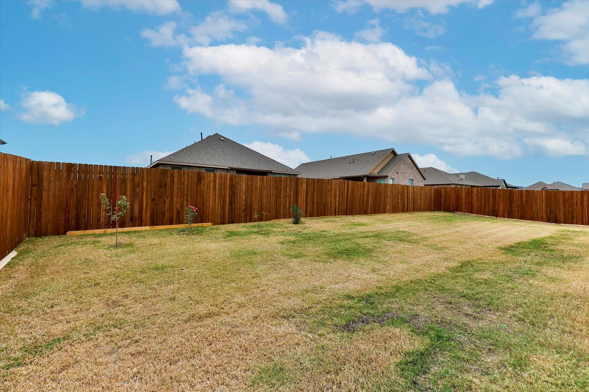 Expansive backyard featuring a wood privacy fence and a level lawn area