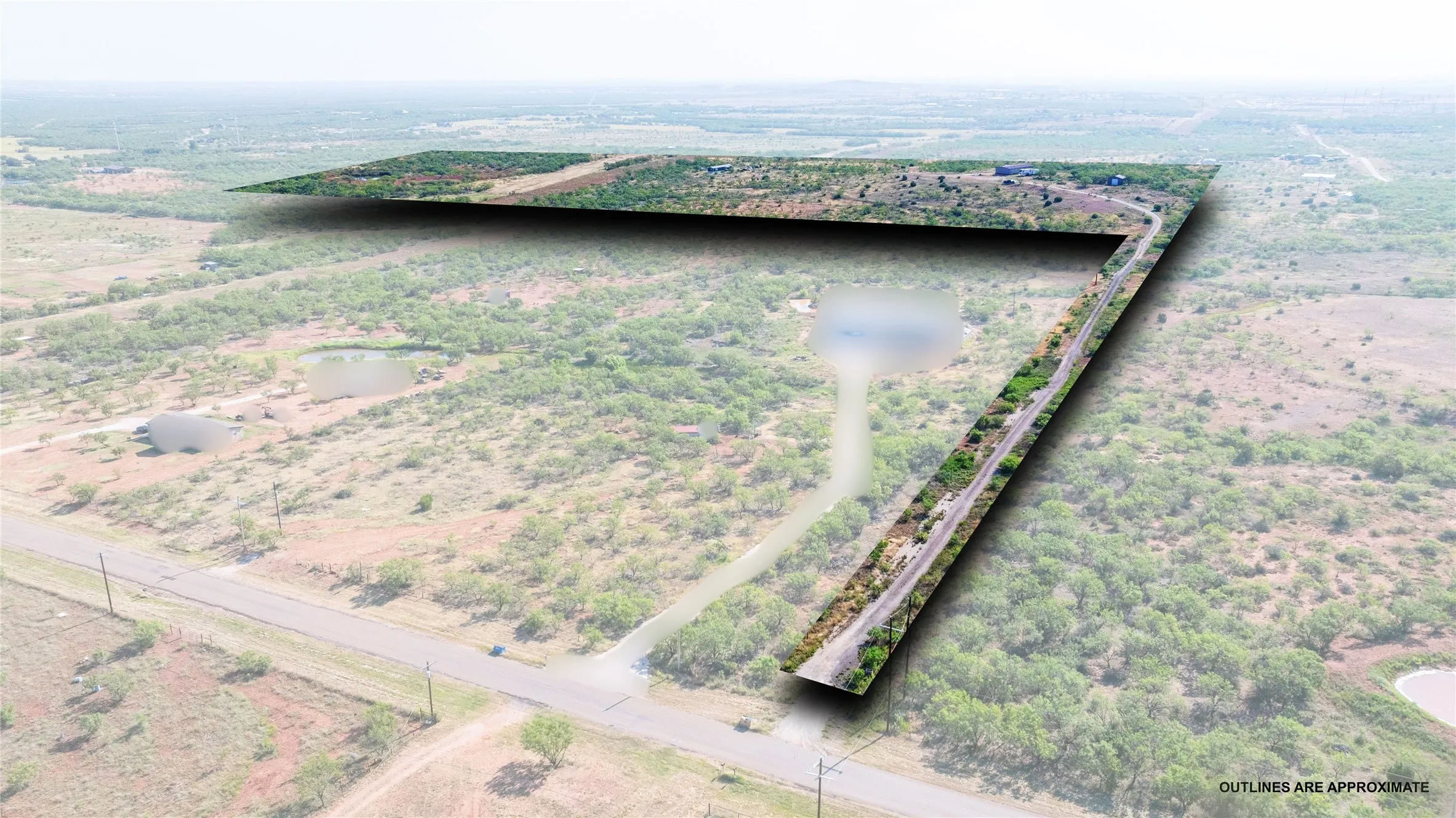 Aerial view showing the property’s long access road from the highway. Neighboring properties blurred for privacy. Check out BOTH properties!!!!