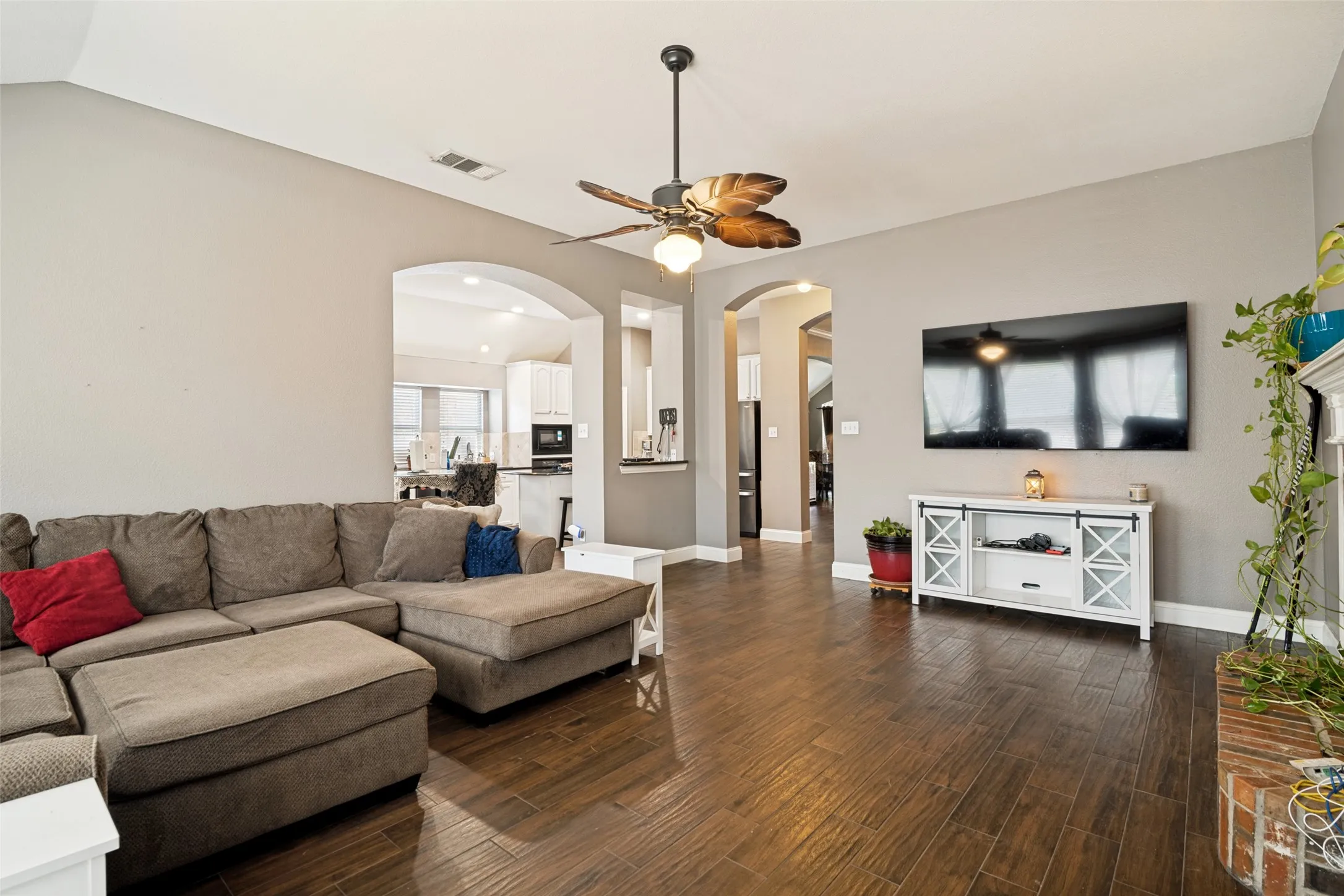 Tile flooring in main spaces.