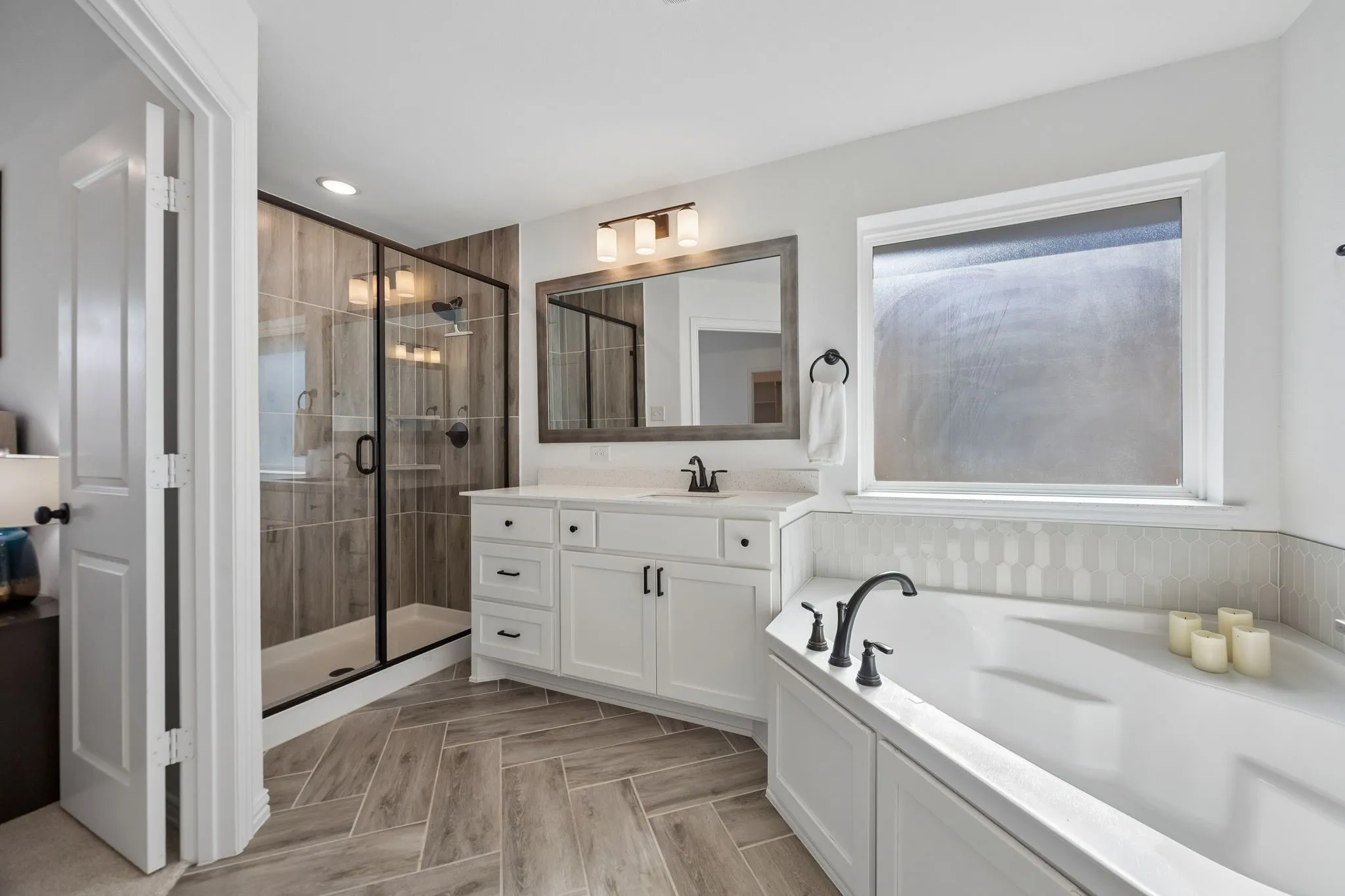 Huge walk in shower with built in cubby storage