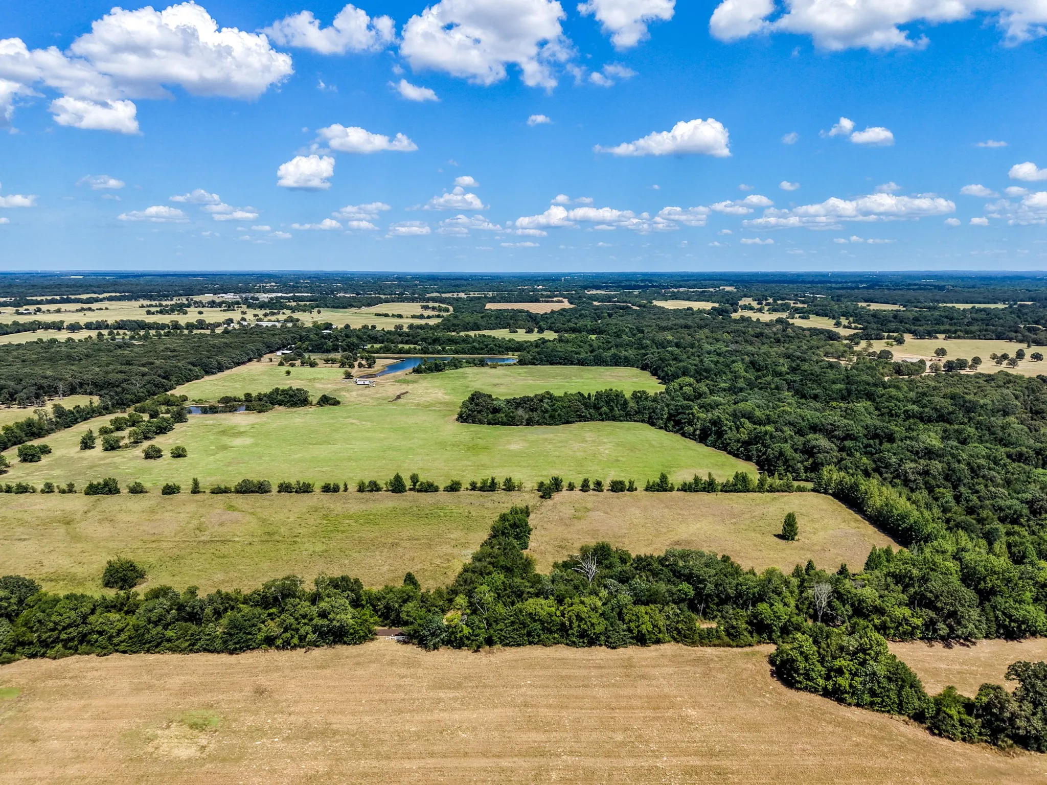 Expansive acreage featuring open fields, wooded areas, and a visible pond