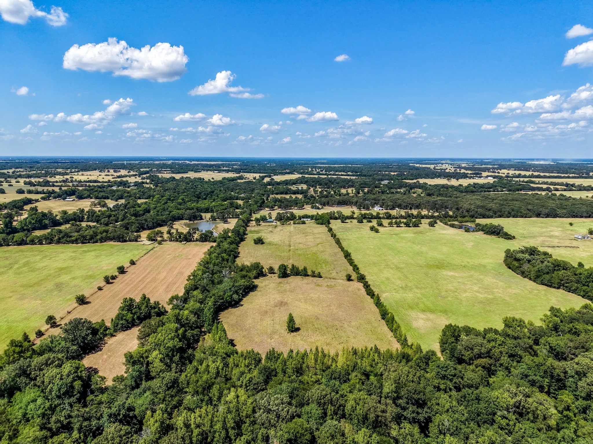 Expansive rural landscape featuring wooded areas, open fields, and a visible pond