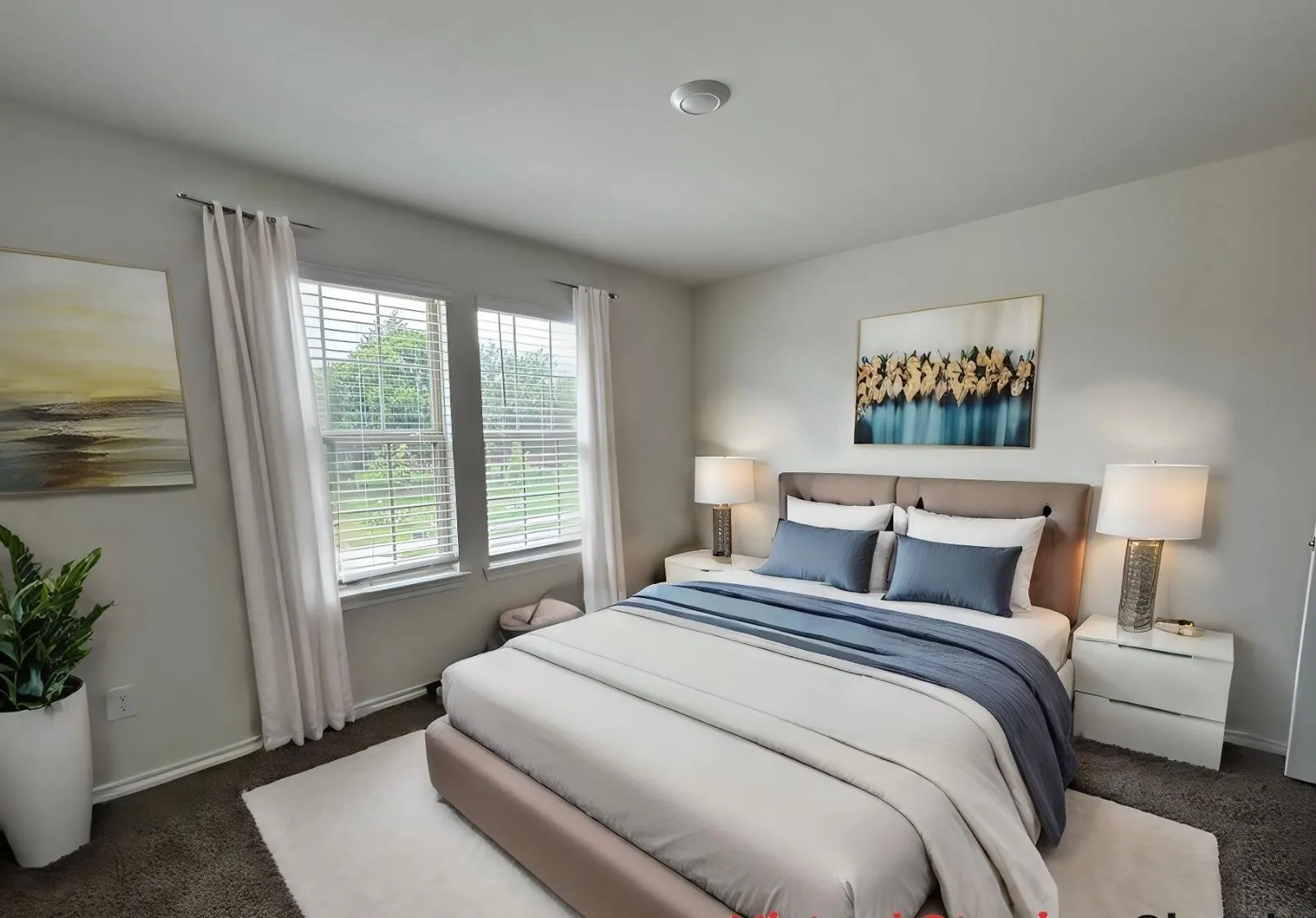 Neutral wall tones, dual windows with blinds, and recessed lighting