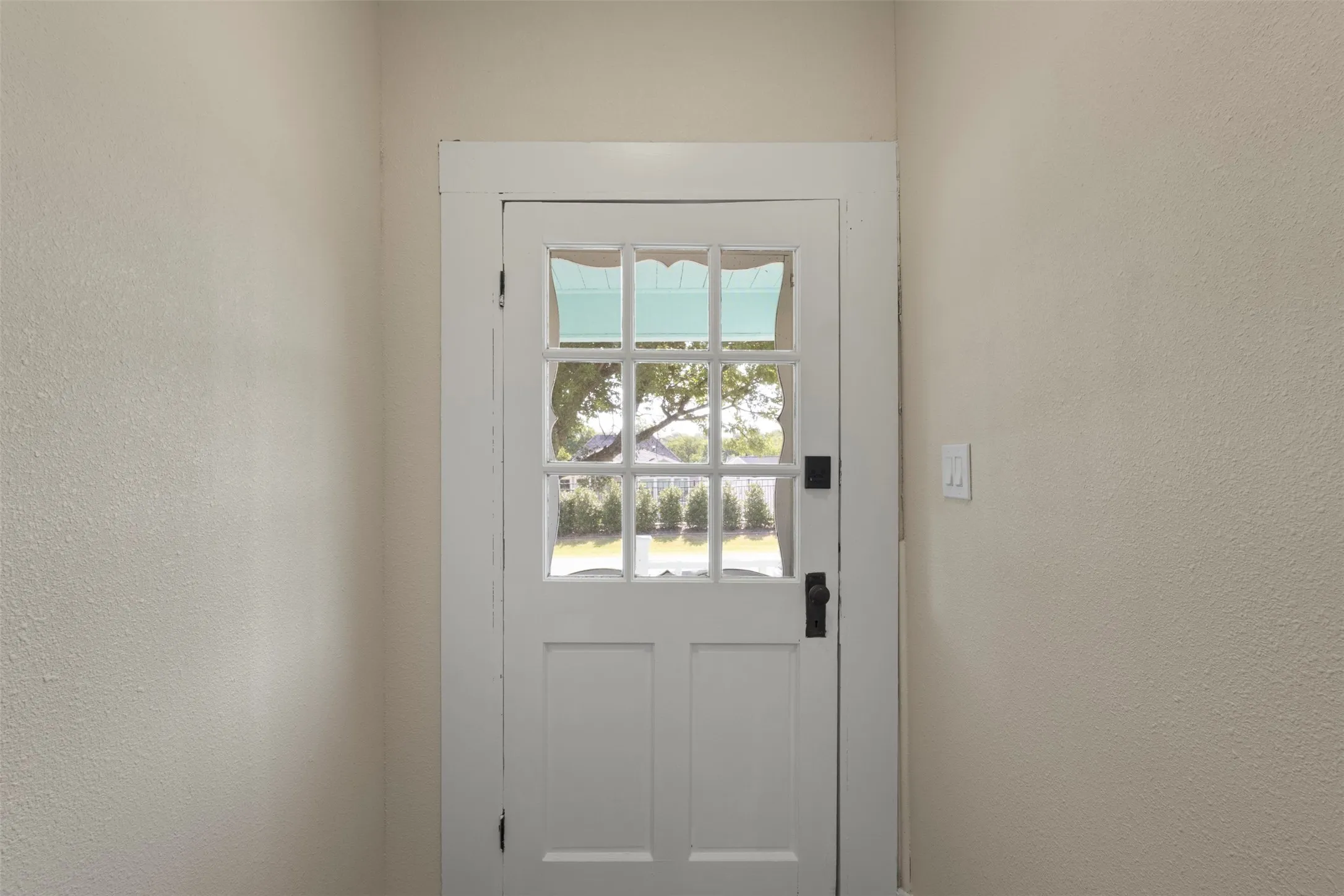 White paneled door with multi-pane glass, dark hardware, and white trim