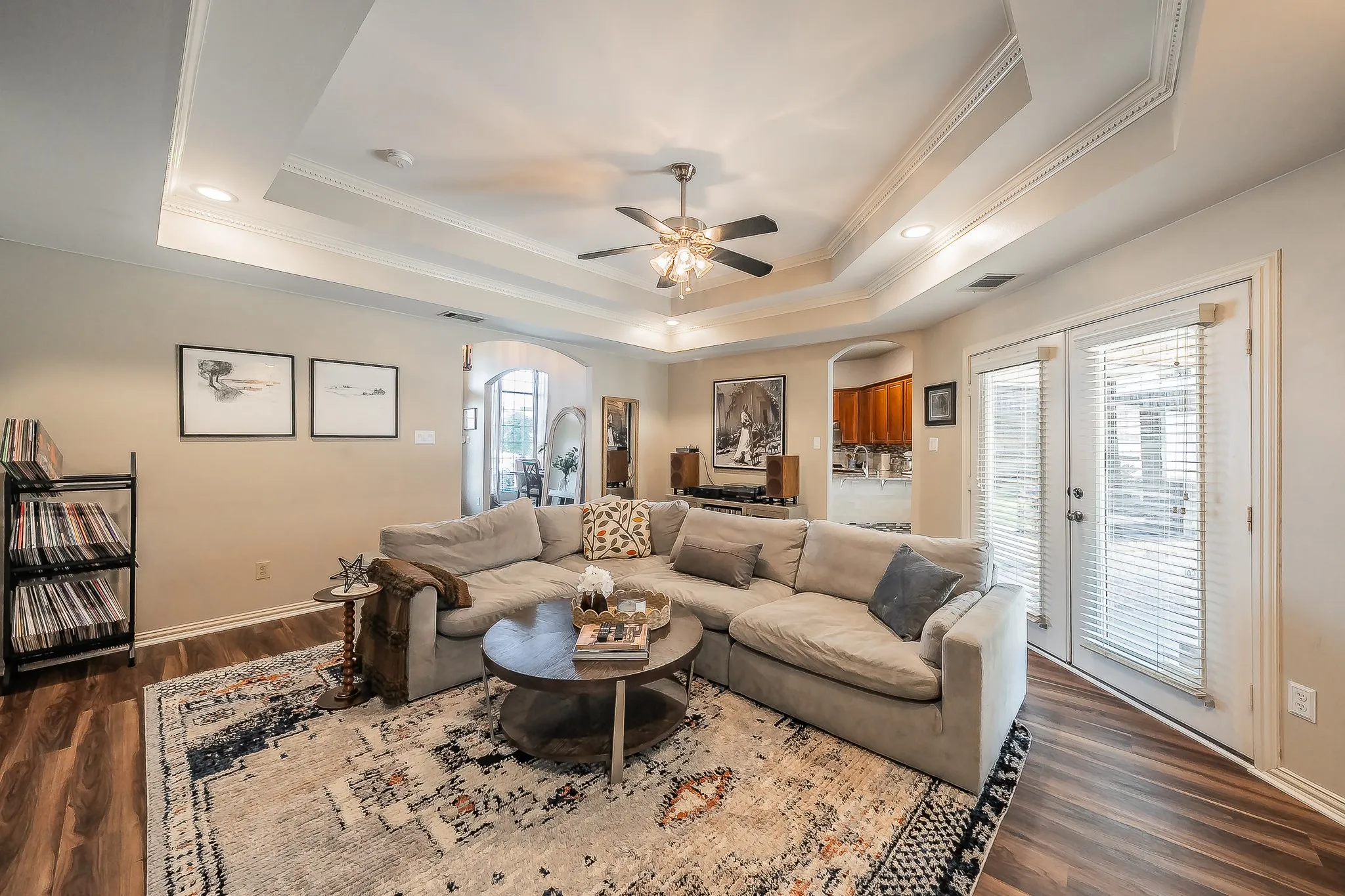 Tray ceiling with crown molding and recessed lighting