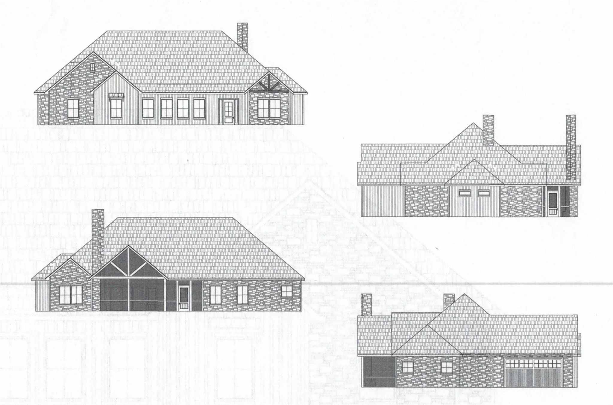 Option 2: Architectural Drawings. Presenting four exterior elevations of the property. Option 2 is total square foot of 3233 under roof & the price is $541,060 at this location.