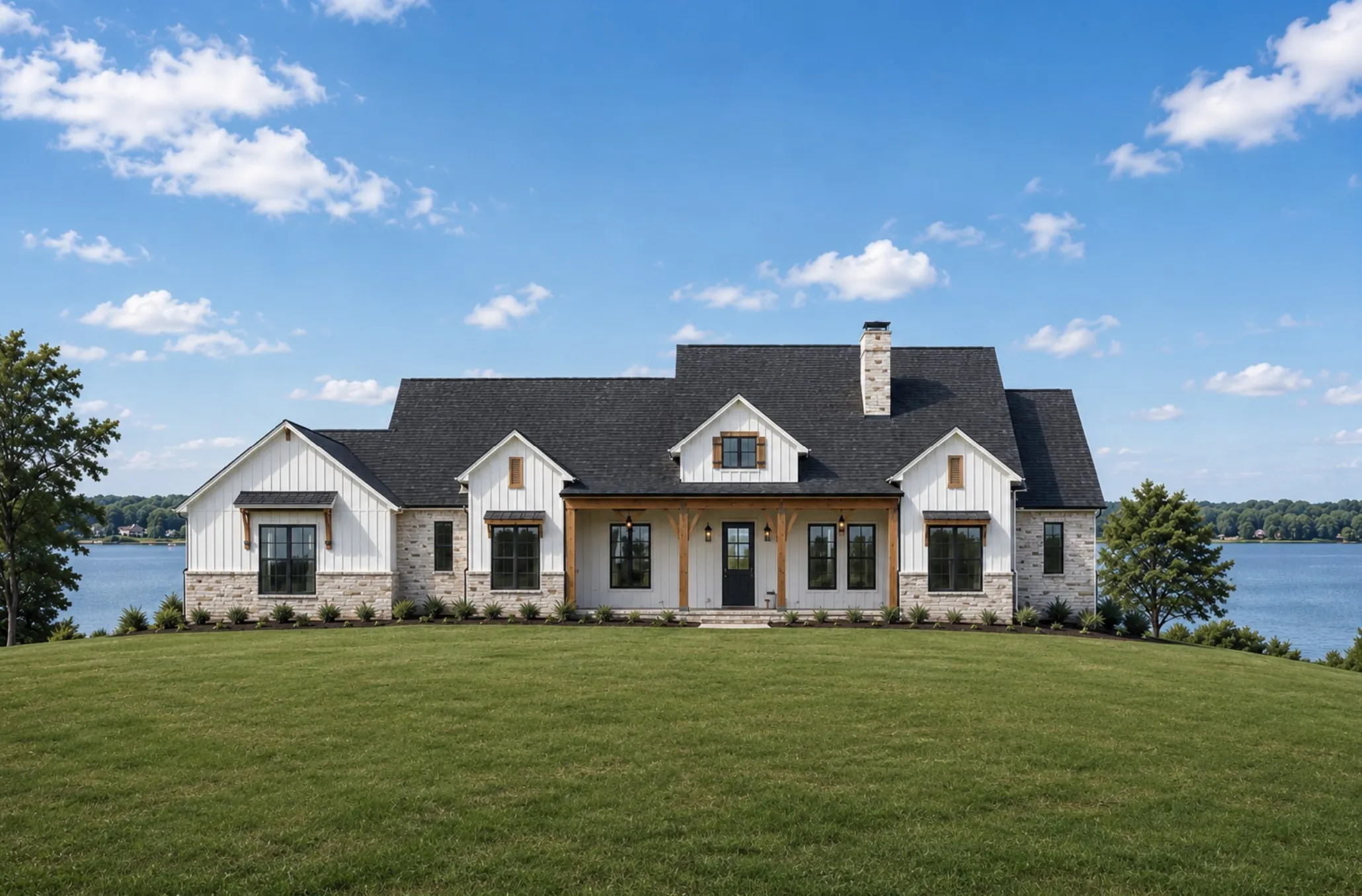 Virtual Rendering. Floor Plan Option 3: white board and batten exterior with stone accents and a dark shingle roof. Total square foot under roof is 4930 and price for this plan at this location is $727,319.