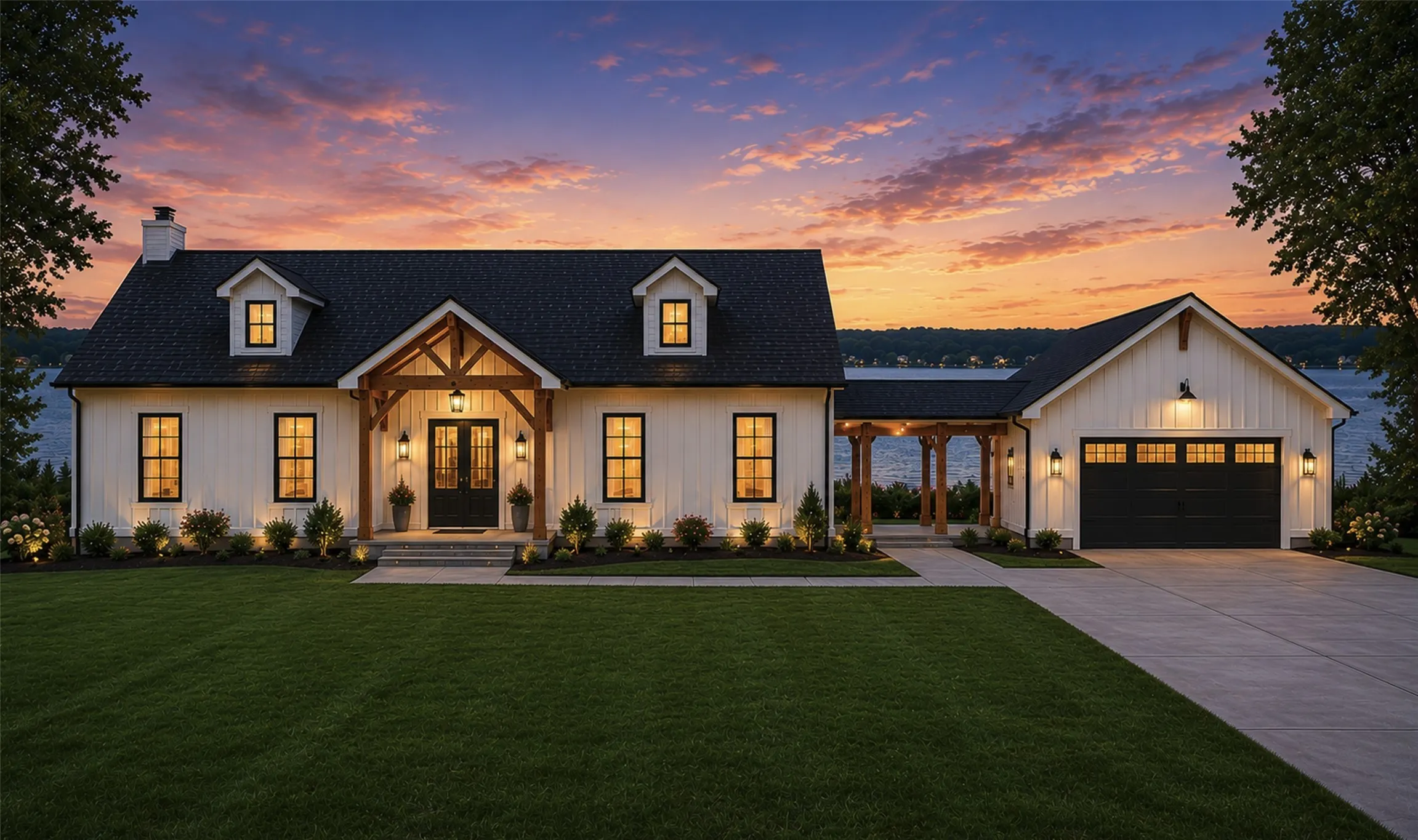 Virtual Rendering. White board-and-batten exterior featuring a prominent gabled entry with timber accents.  No lake at this property but a pond could be dug out by the seller for an additional fee.