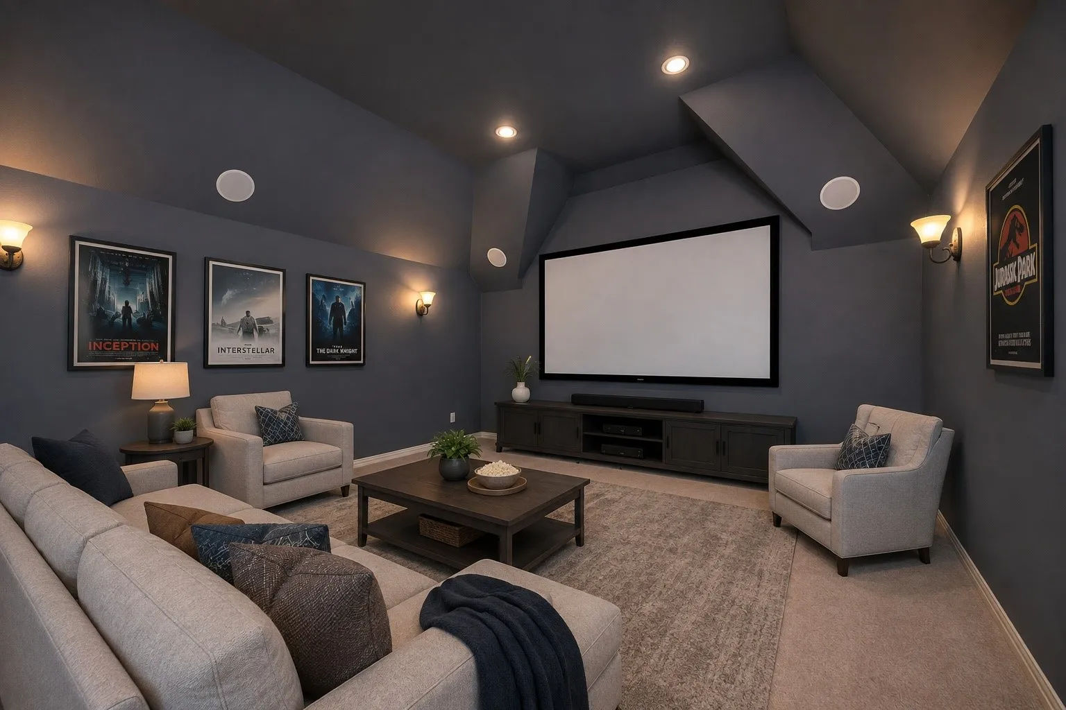 Virtual Staged Home Theatre with big screen and projector with remote!