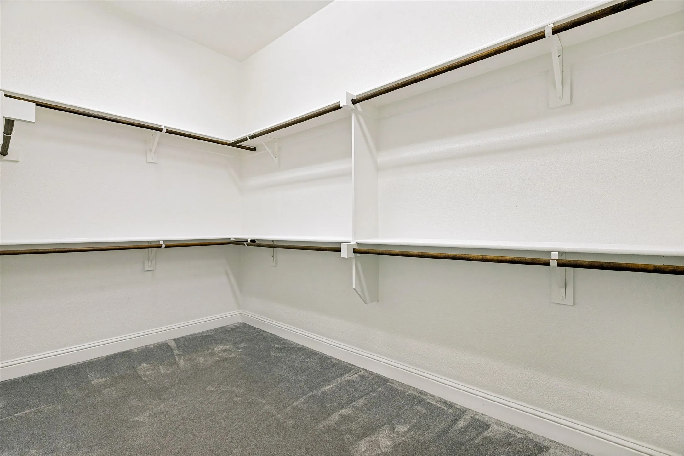 Walk-in closet featuring extensive shelving, multiple hanging rods, and gray carpet flooring