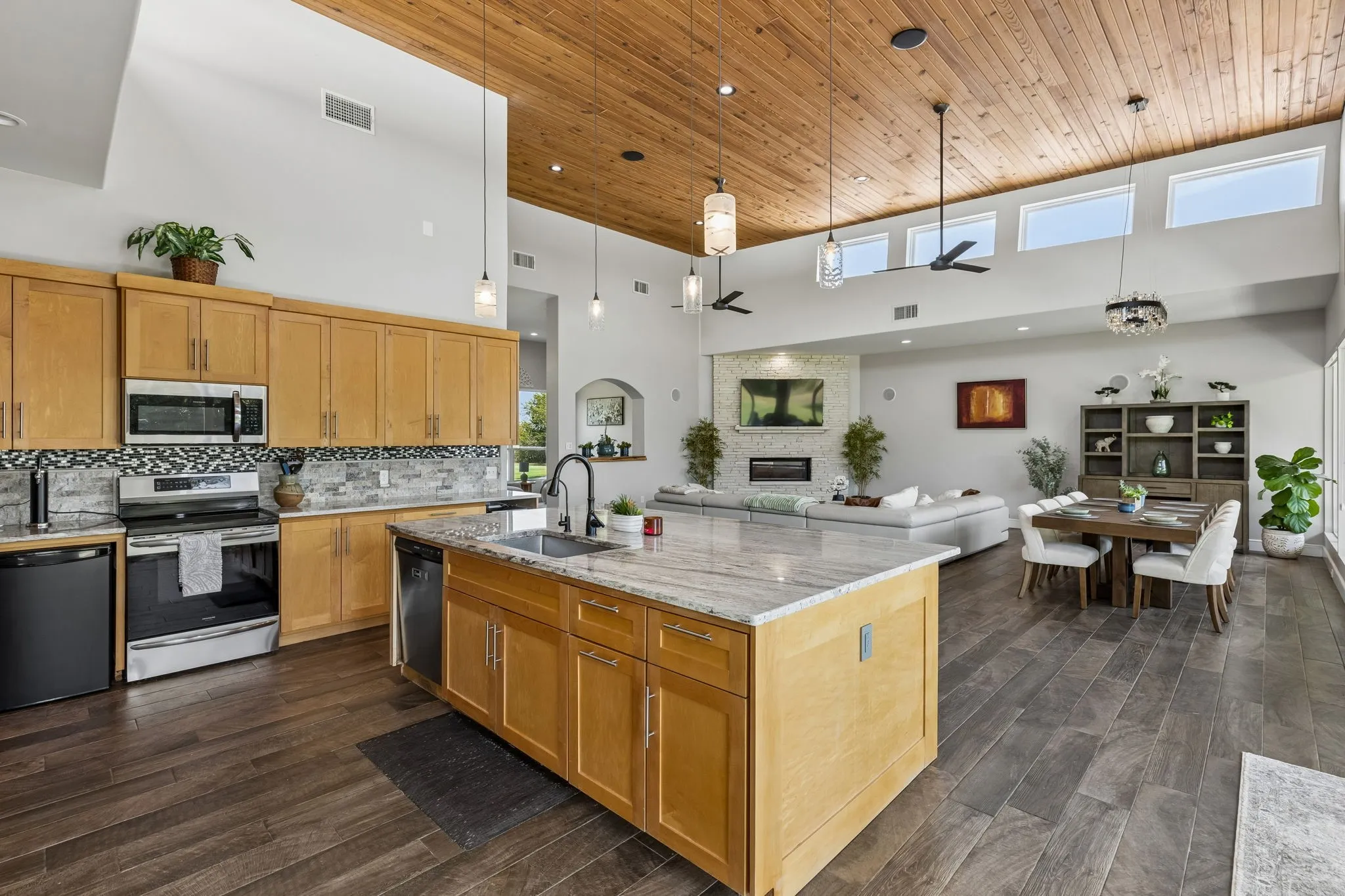 Large kitchen area with island