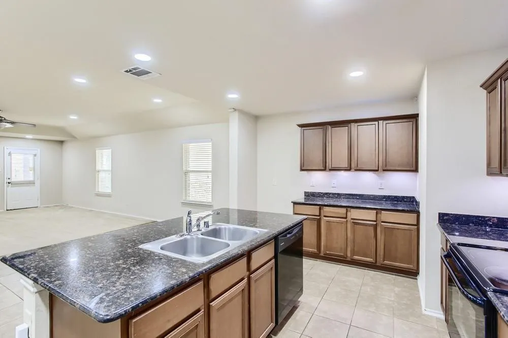 Kitchen island with dual stainless steel sink, dark speckled countertop, and wood-finish cabinetry