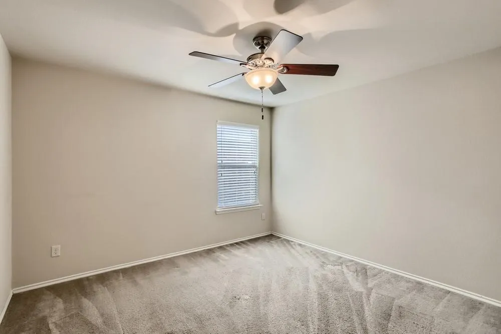 Neutral tone wall paint, carpet flooring, window with blinds, and a ceiling fan with integrated lighting