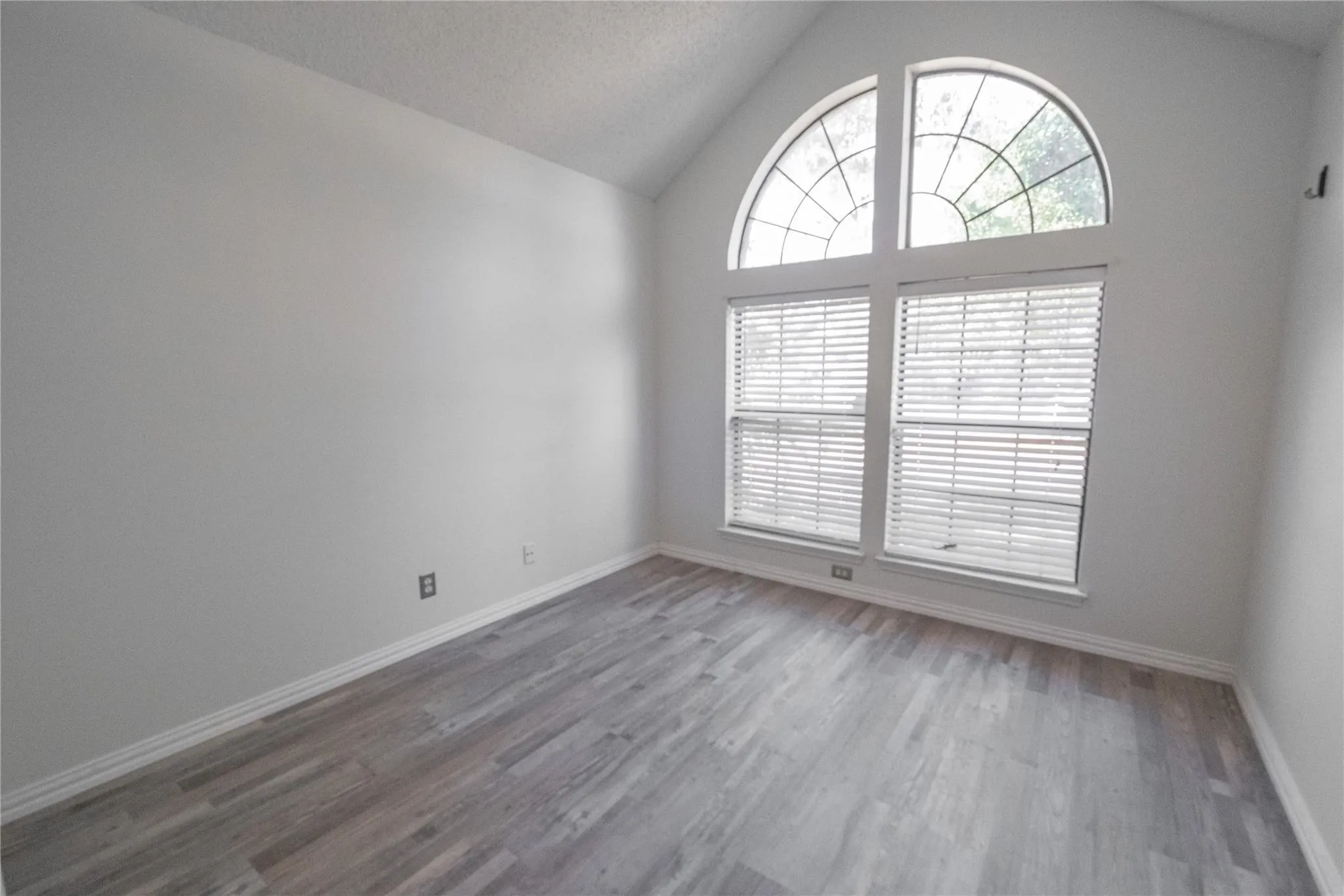 Vaulted ceiling, two arched transom windows, two rectangular windows, wood-finish flooring, and white baseboards