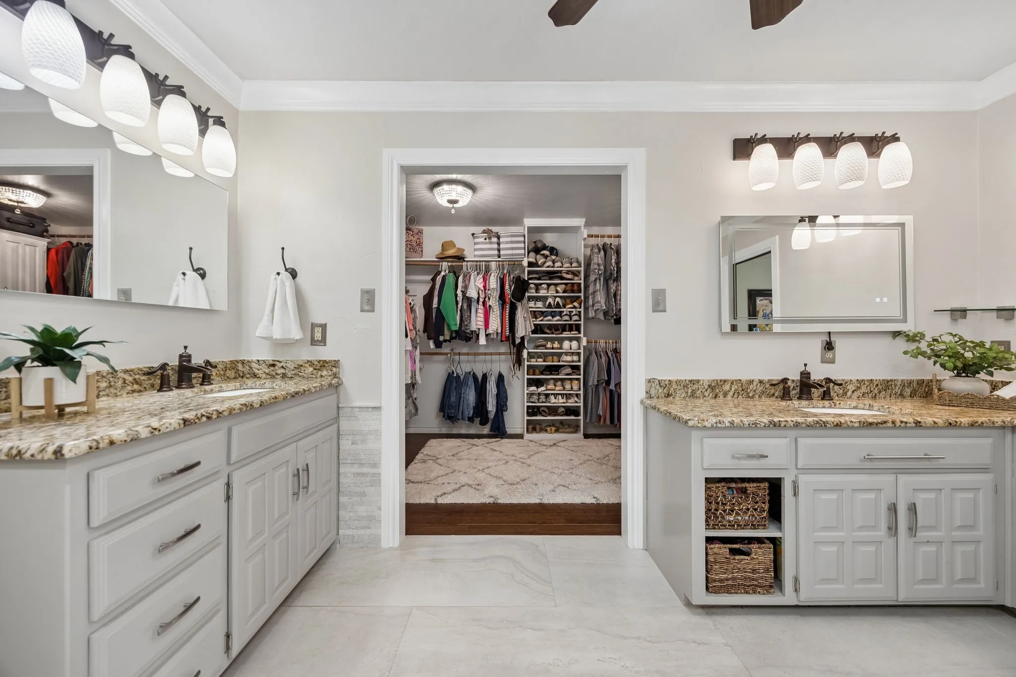 Primary bath with dual vanities and large closet