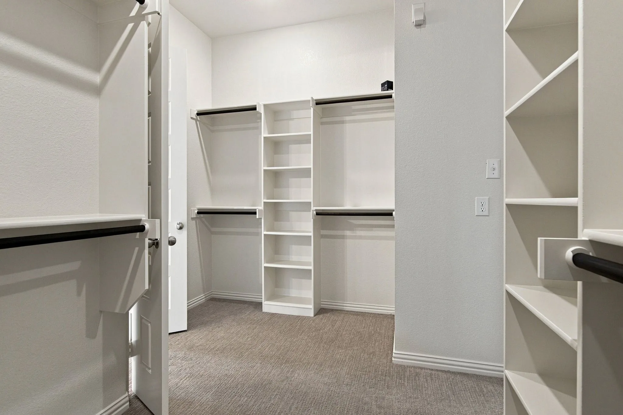 Walk-in closet with built-in shelving, black finish hanging rods, and neutral-toned carpeting