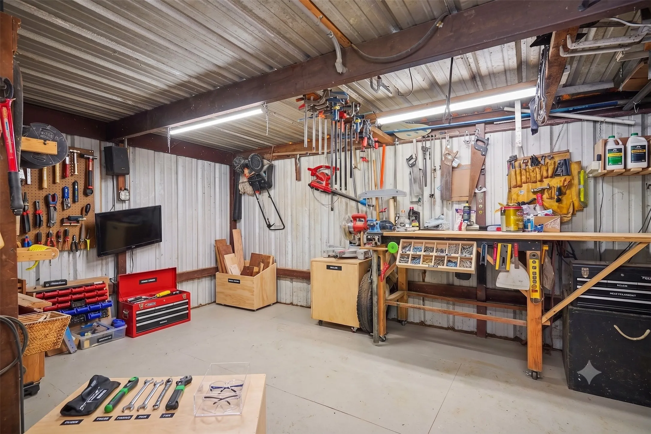 Spacious indoor workshop / garage space featuring pegboard tool storage, sturdy workbench, and high metal ceilings.
