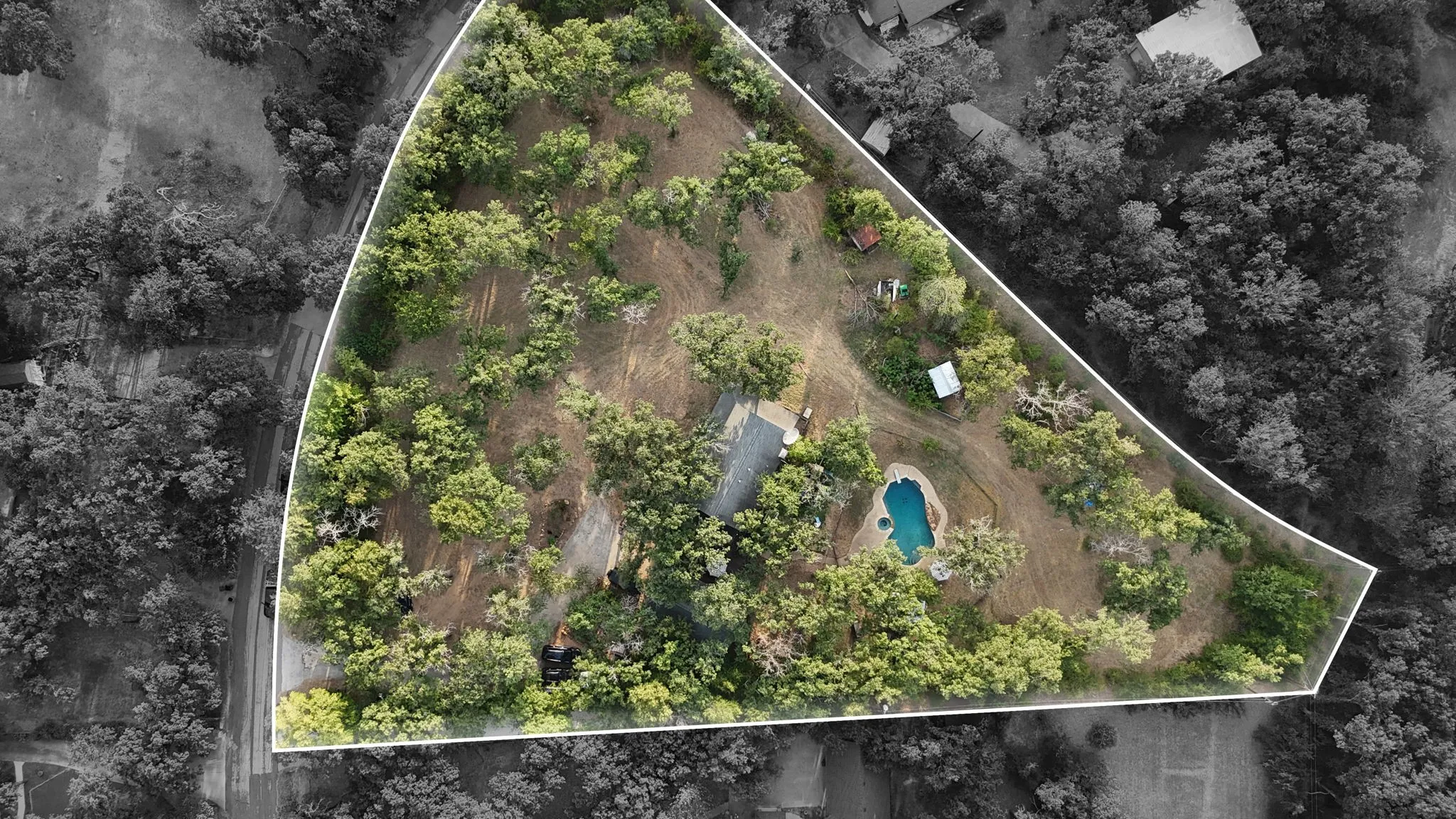 Expansive lot featuring mature trees, a detached structure, and a freeform swimming pool