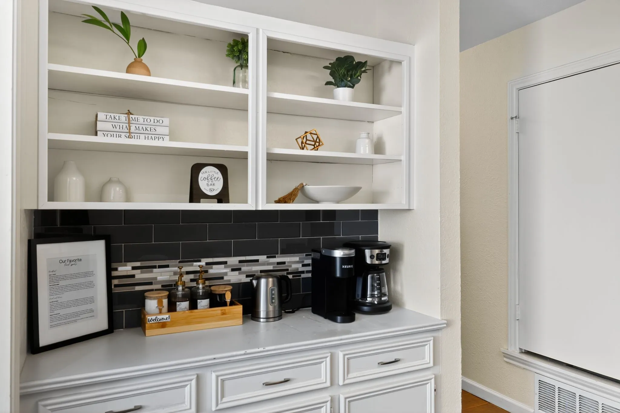 Built in cabinets and shelves for storage and display