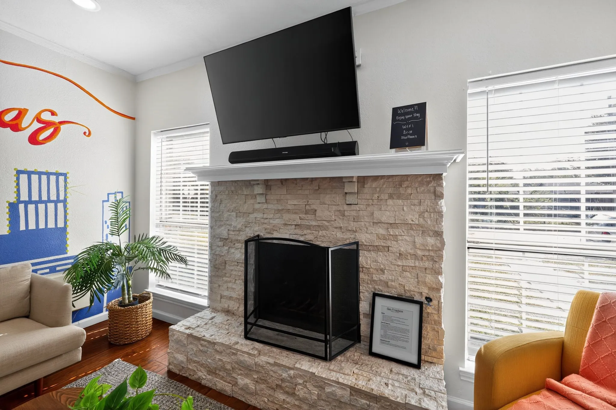 Gas fireplace and stone hearth