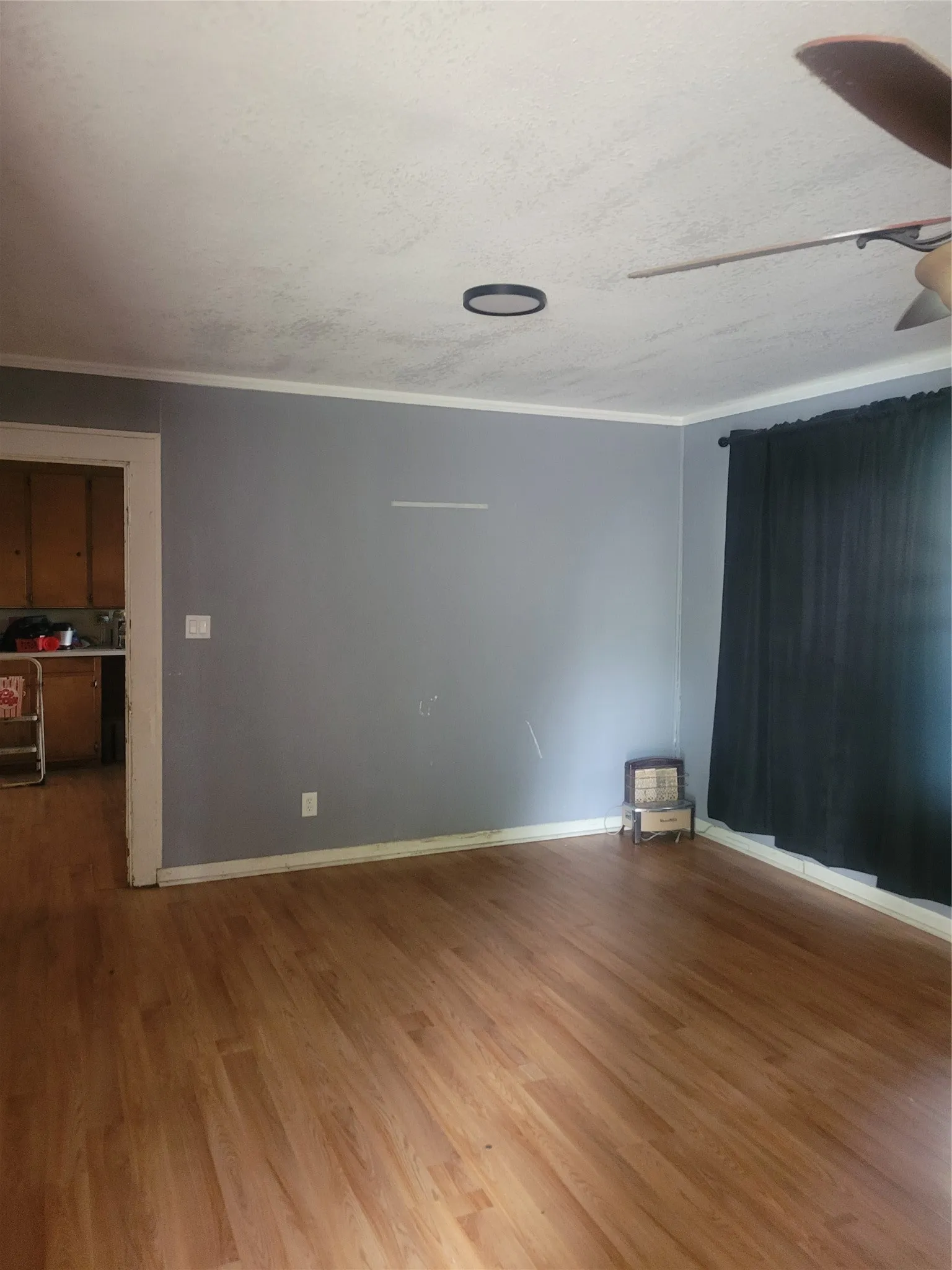 Spacious room featuring wood-finish flooring, light gray walls, and white baseboards