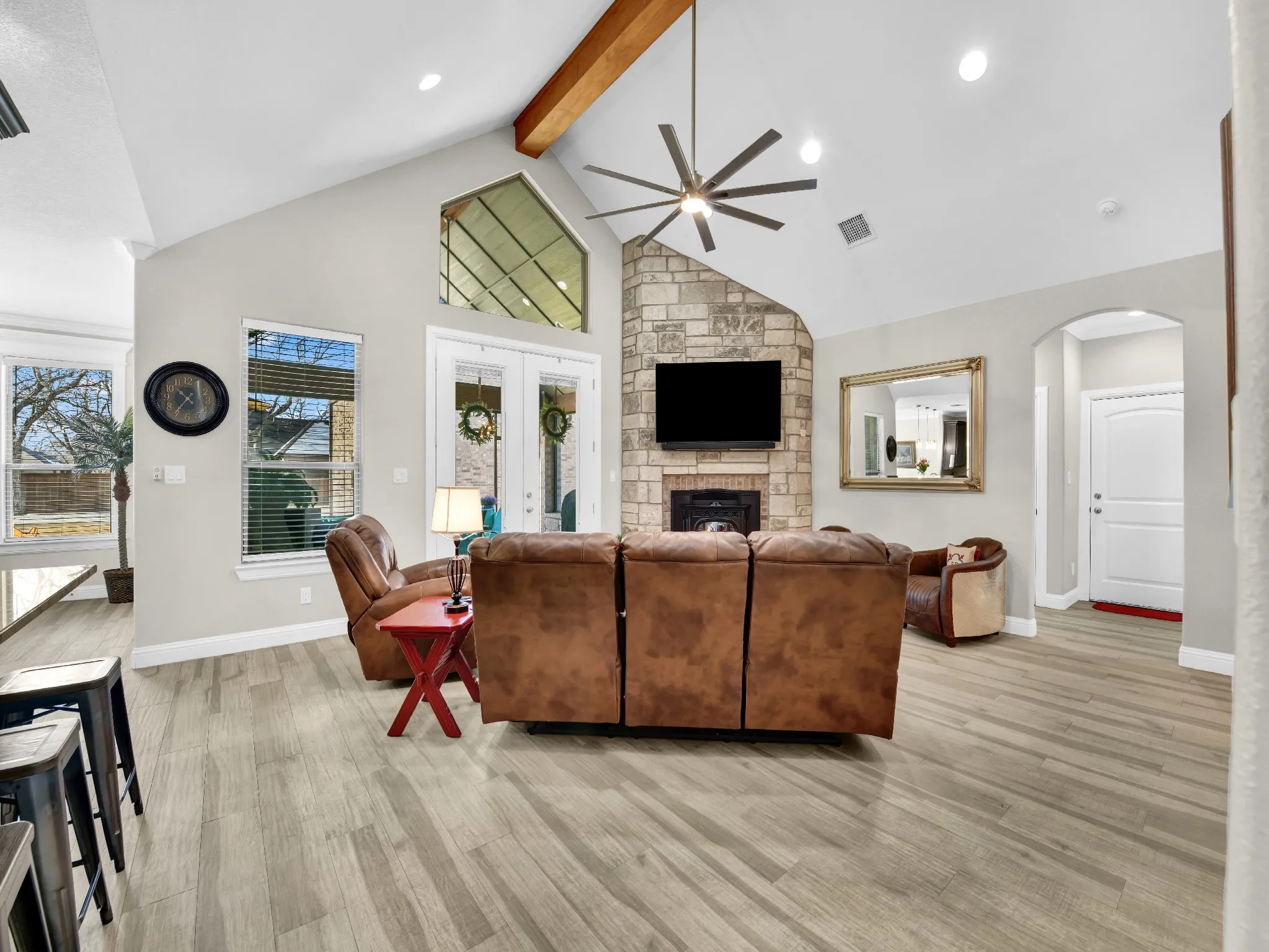 Bar seating, living room, fireplace