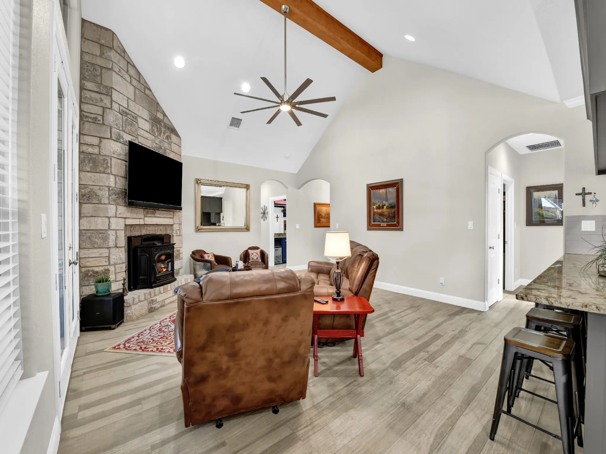 Living Room with Beam, Fireplace