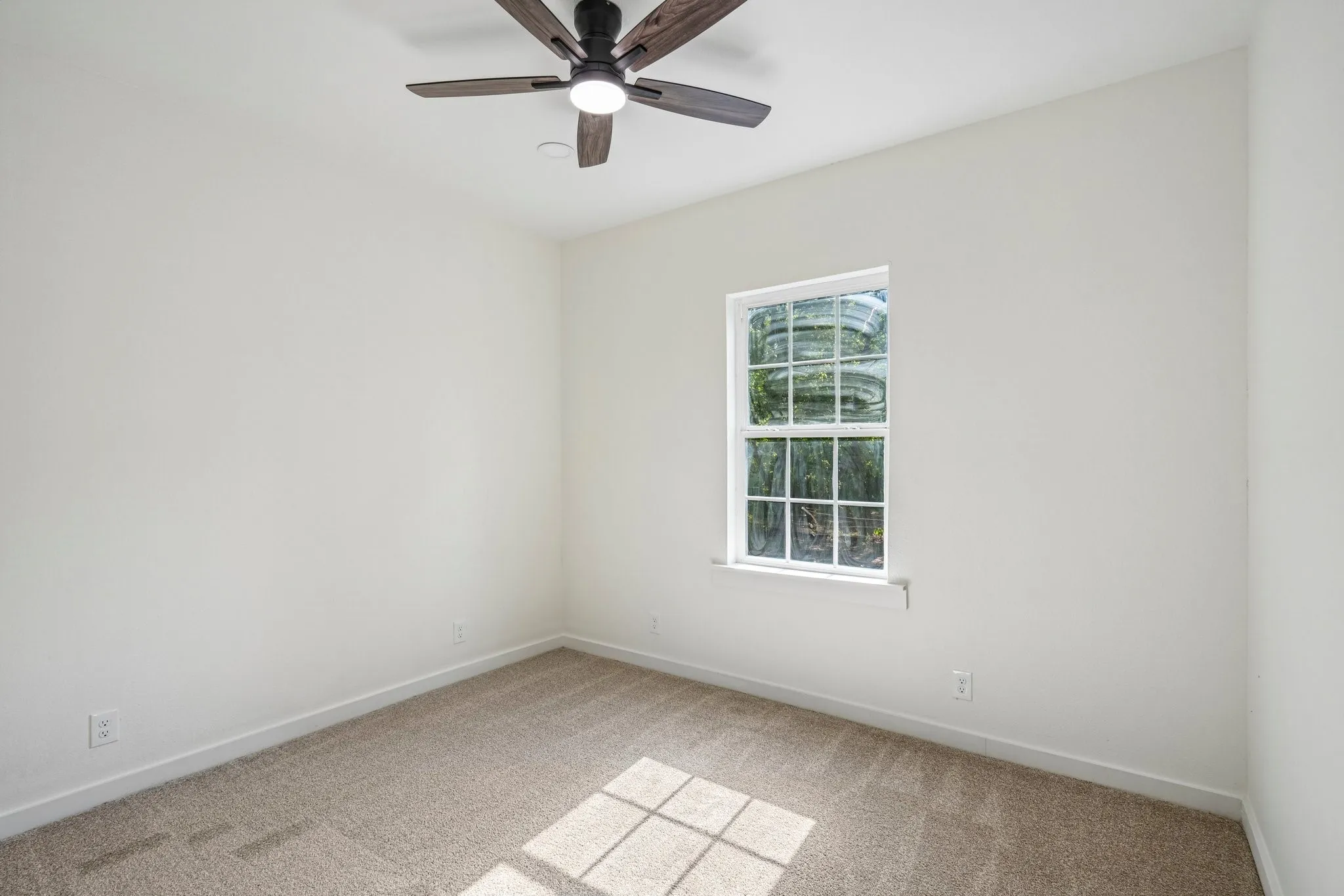 Neutral wall finishes, carpeted flooring, a window with exterior visibility, and a ceiling fan with integrated lighting