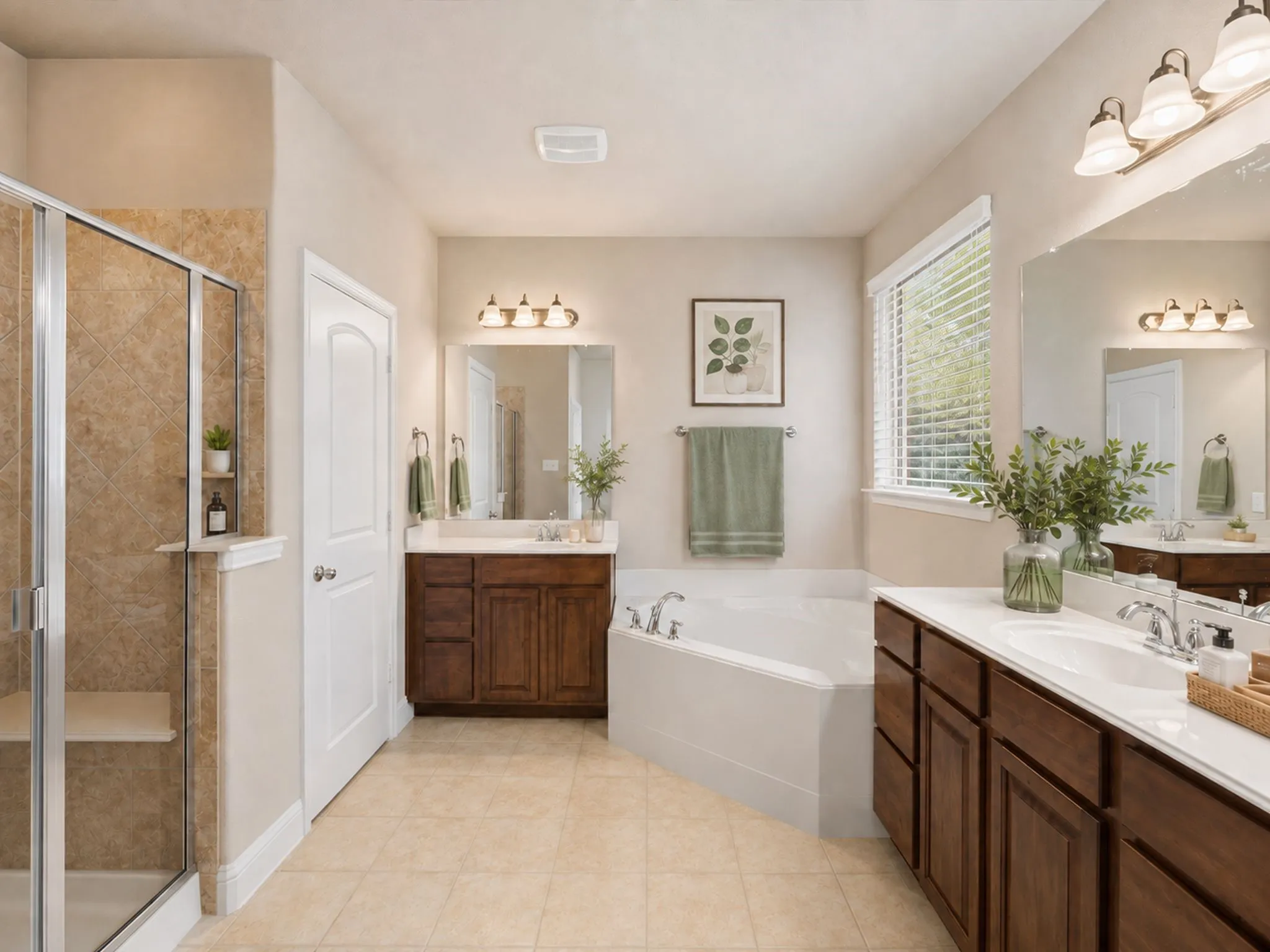 Shower enclosure with tiled walls and built-in bench, deep soaking tub, dual vanities with integrated sinks, and wood-finish cabinetry