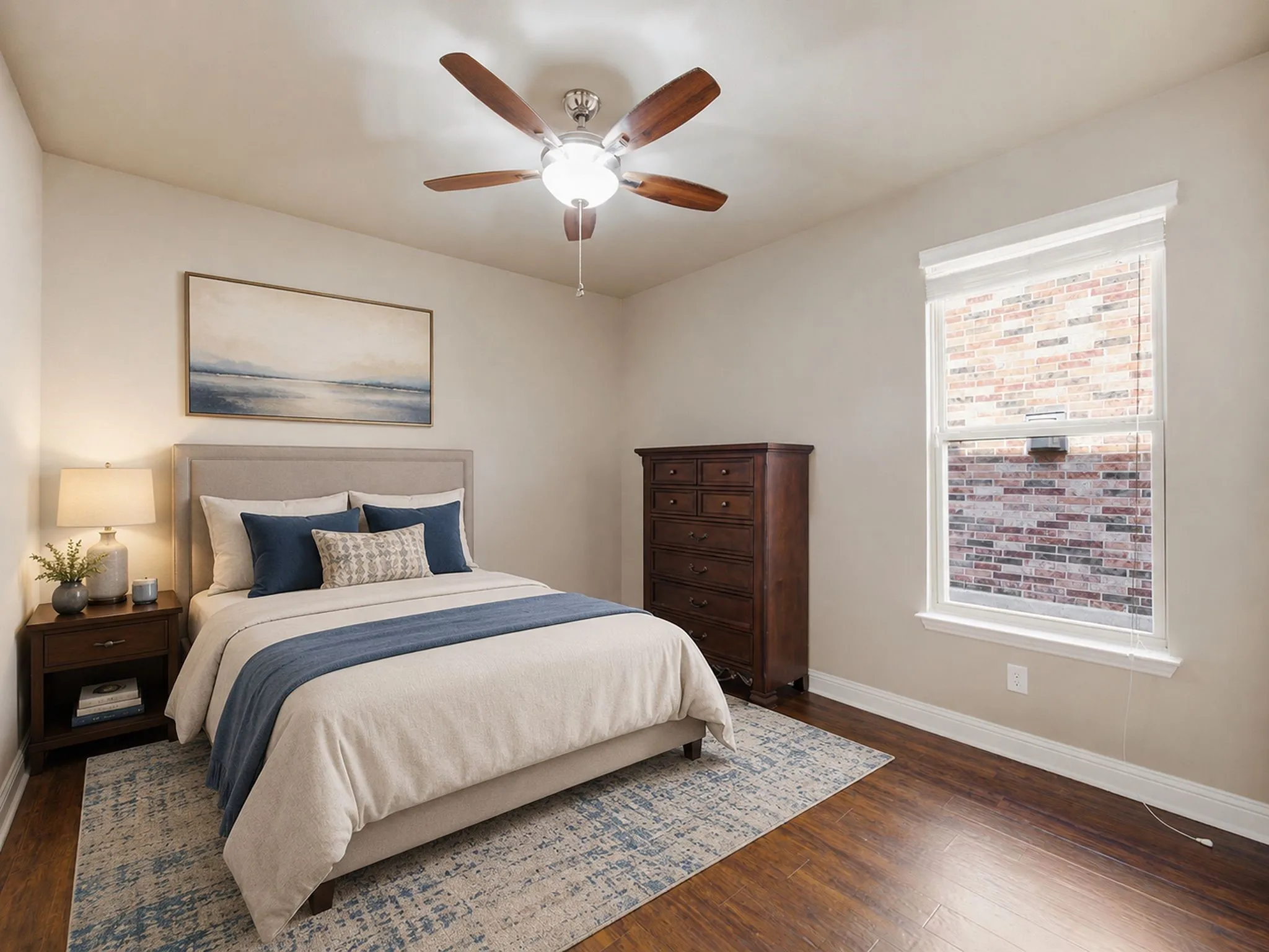 Hardwood-finish flooring, single window with blinds, ceiling fan with integrated lighting, and neutral wall tones
