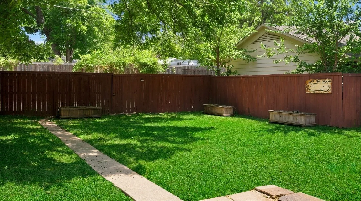 Backyard from the house.  Grass is digitally enhanced to make it green