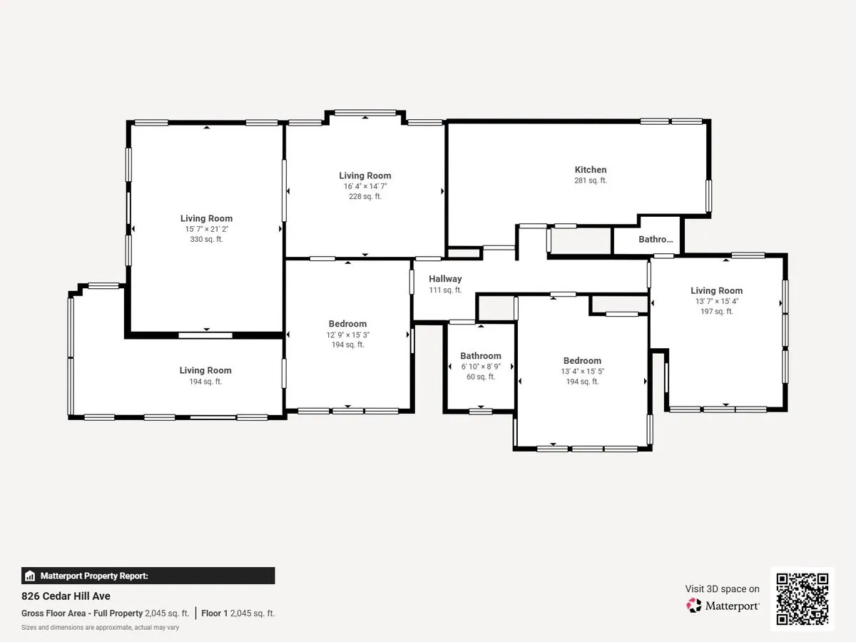 Floorplan of home.  The L shaped "living room" is an enclosed sunroom.