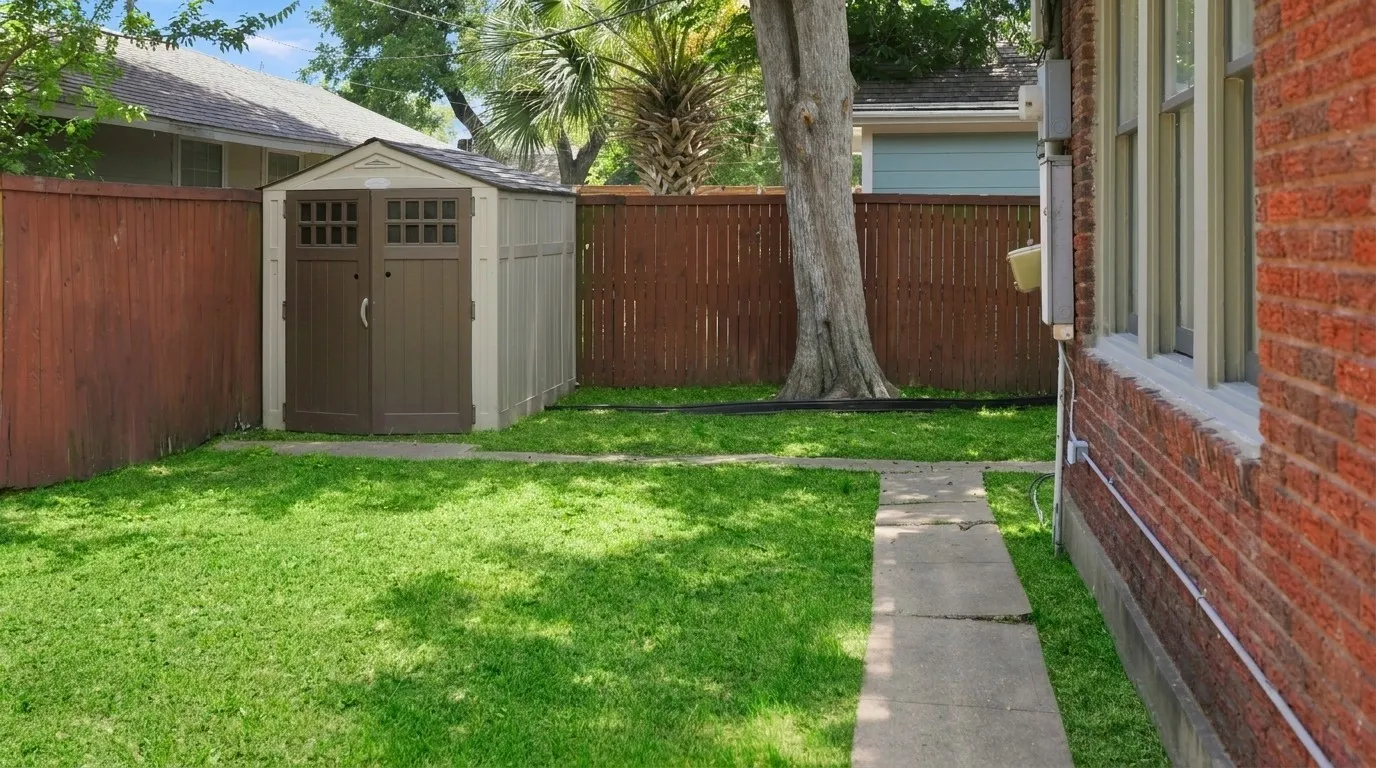 Storage shed which conveys with home.