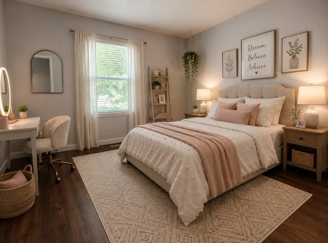 Hardwood-look flooring, recessed lighting, and a window with blinds. Image has been virtually staged.
