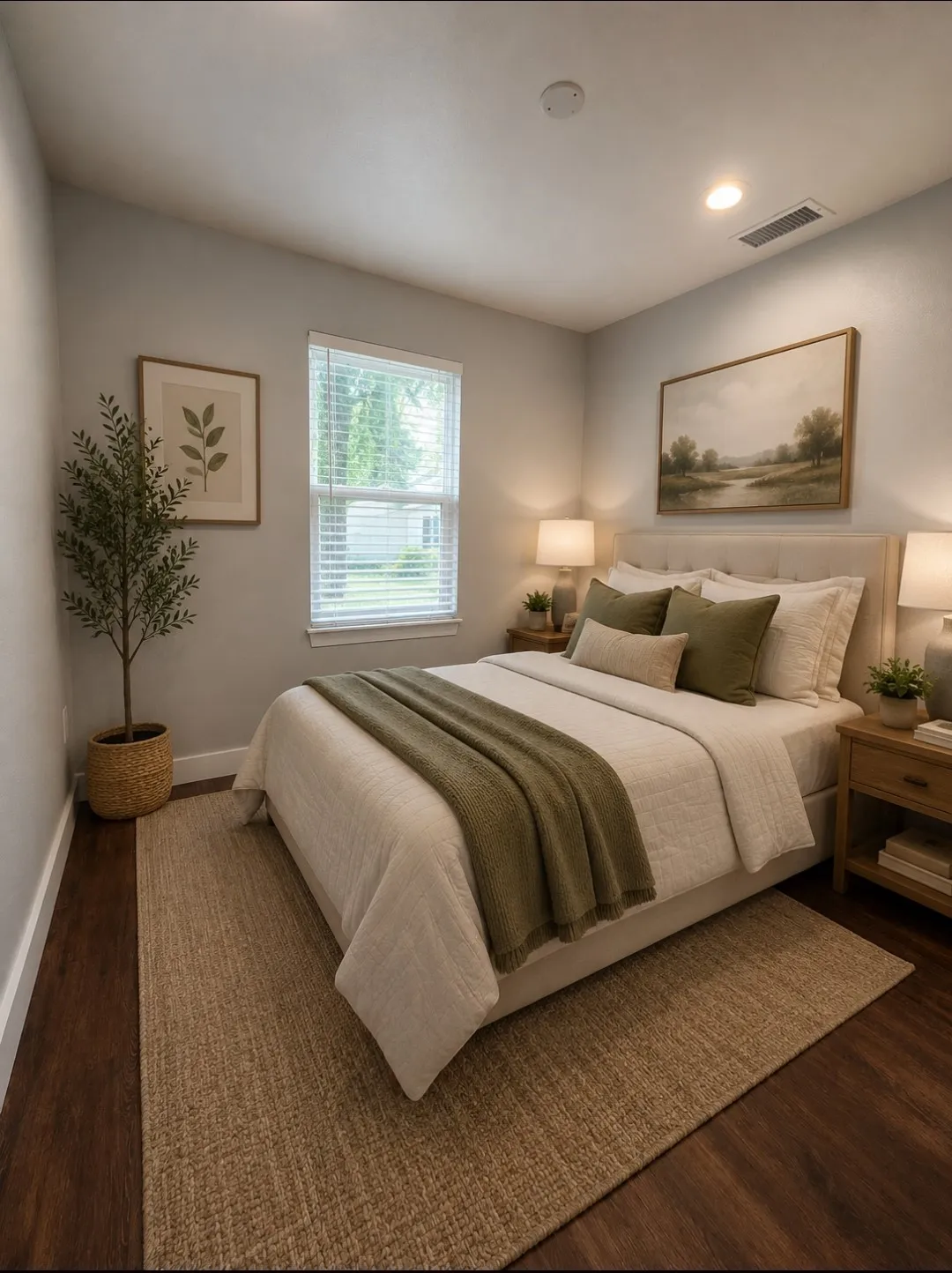 Wood-finish flooring, recessed lighting, and a window with blinds. Image has been virtually staged.