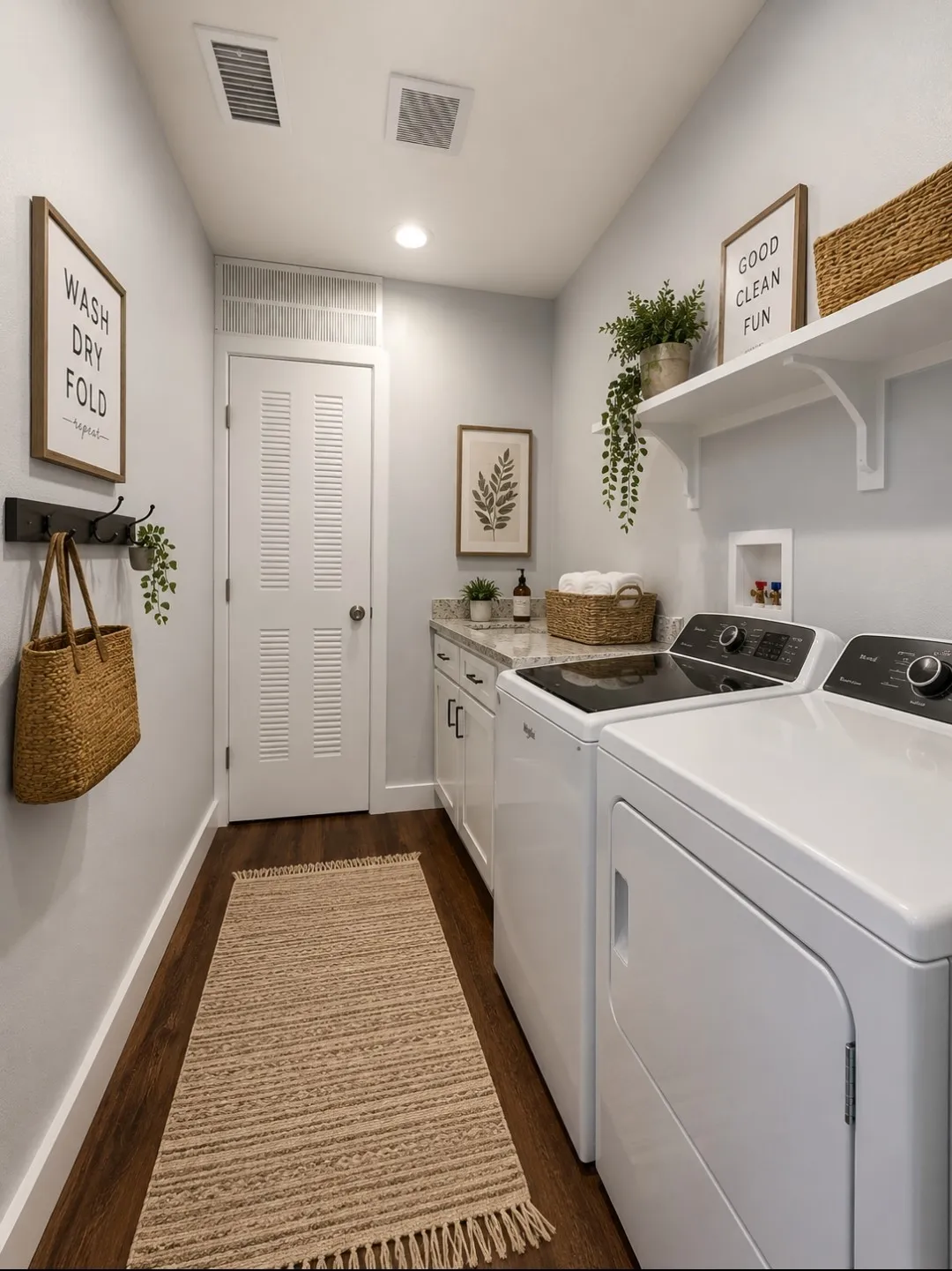 Neutral wall paint, wood-finish flooring, white trim, recessed lighting, and a louvered door. Image has been virtually staged.